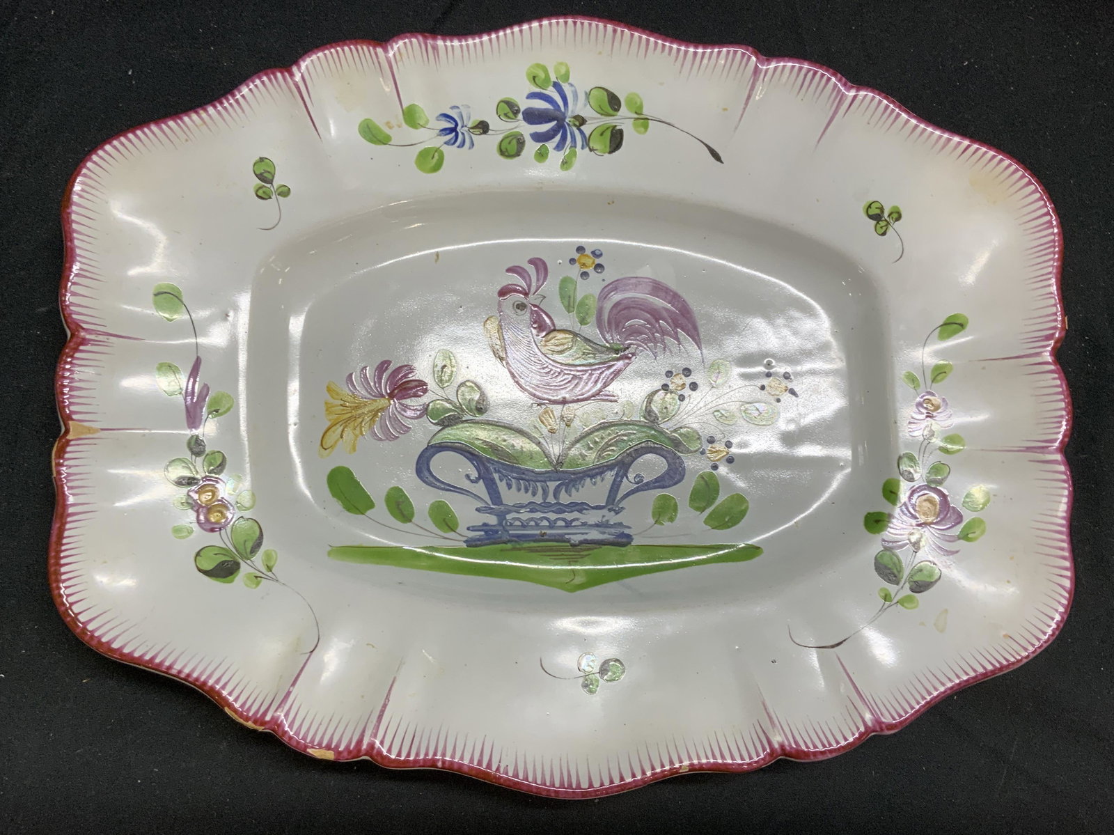 Hand Painted Ceramic Rooster Centerpiece Plate: Hand painted ceramic rooster motif plate. Measures approx. 12 x 9.25 inches. Some chipping observed. Ceramic plate, rooster plate, rooster tray, serving dish, Serveware, tableware, farm decor, kitchen