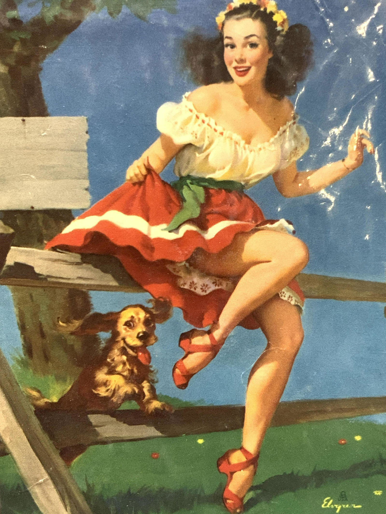 ELVGREN Wait For Me Pin Up Girl W Dog Litho: Marked on right corner Elvgren. Center reads Wait for me Subject depicts a woman sitting on a fence holding her skirt in her hand with a small dog jumping through the fence. Affixed to a red card and