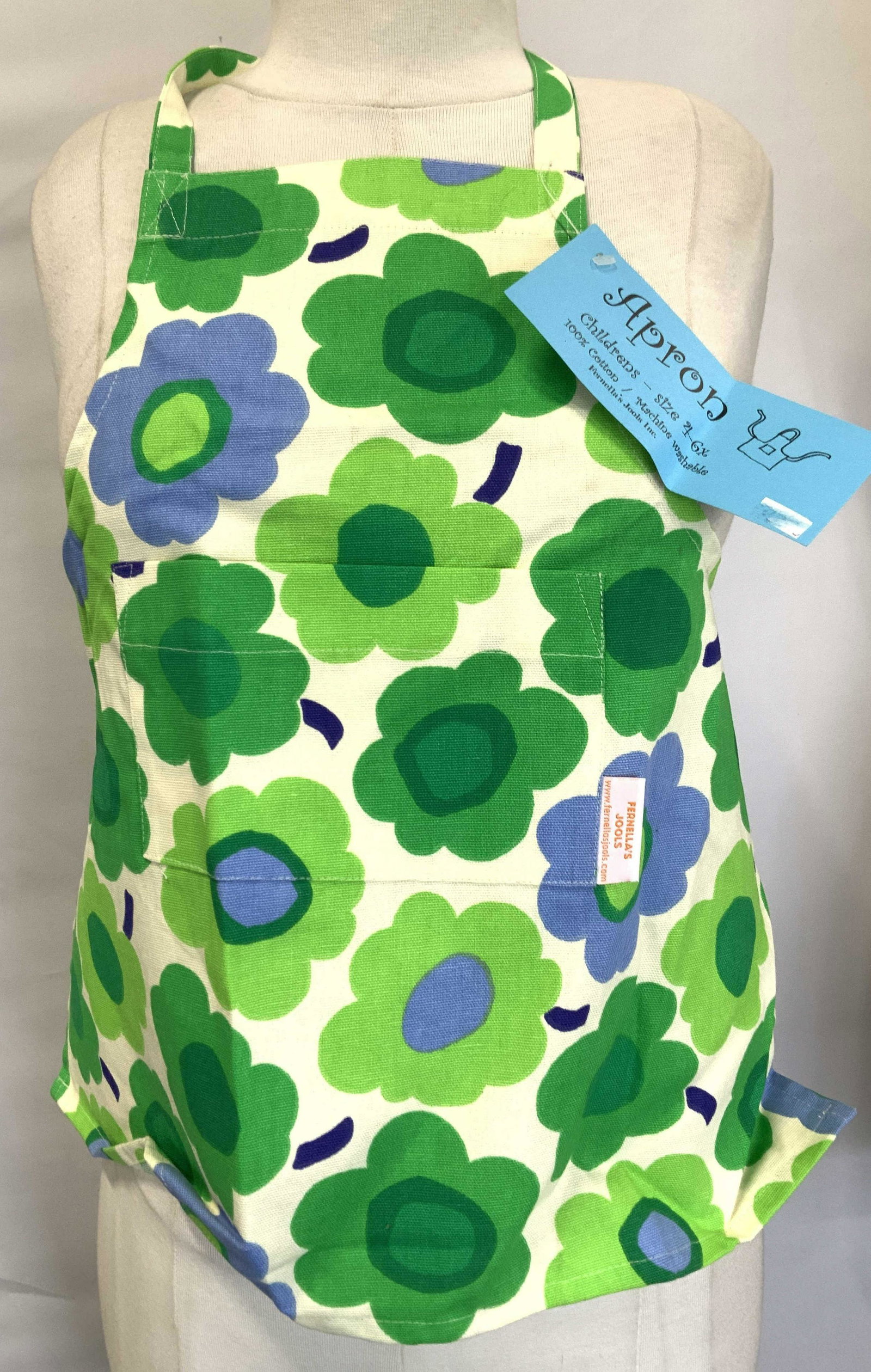 Fernellas Jools Cotton 60s Flower Aprons , NIP: Kids Fun Retro 60s Flower Power Style Cotton Aprons. these are New Old Stock, With original tags attached, 100% cotton, have a center pocket, app 25 in long with neck loop, 19.5 in wide, tie straps ea