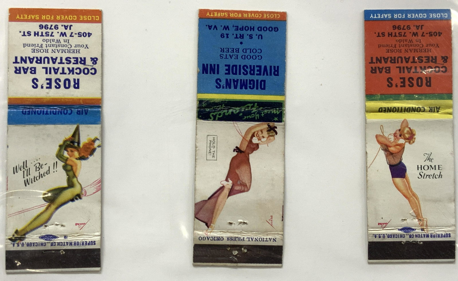 3 Vintage Pin Up Girl Match Covers: 3 vintage match covers from various hotel and bars with images of pin up girls. 1 girl resembling a witch, 1 girl in a pink dress holding a phone to her ear and 1 girl in short shorts laying on her st
