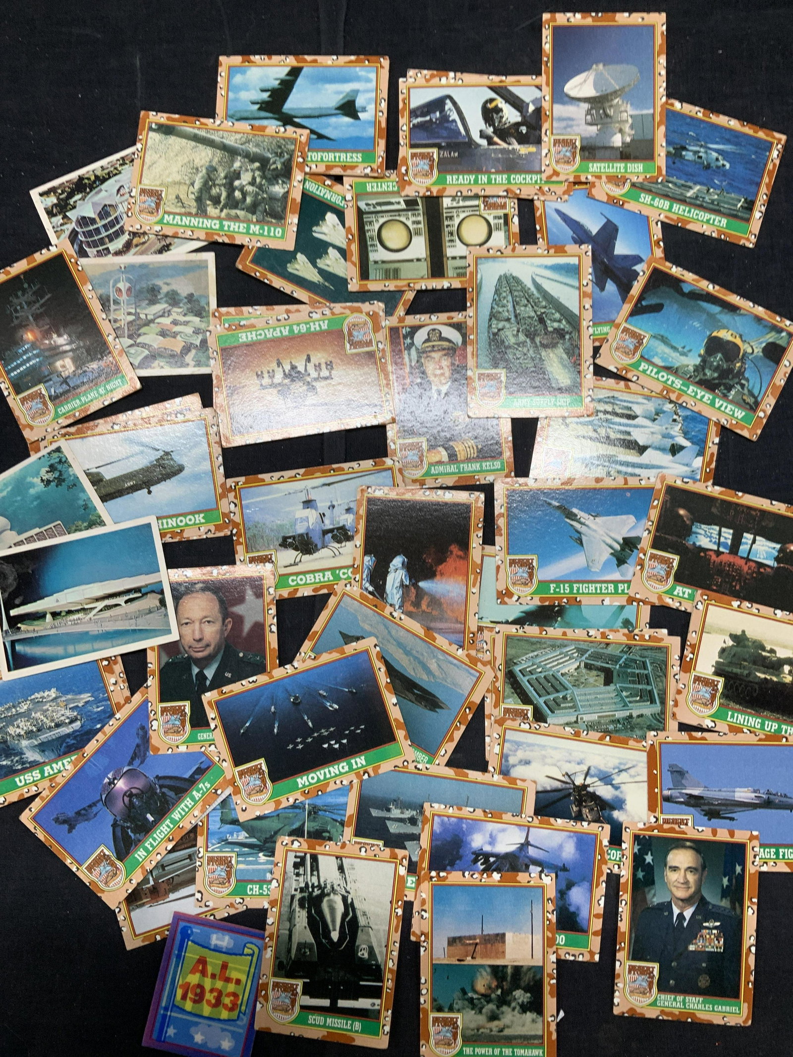 Vintage Desert Storm Military Collectible Cards: Topps Desert Storm Warship, helicopter, fighter planes, stealth , satellite and other Desert Storm collectible trading cards. Each has a description of photo representation. Un sorted and un researche