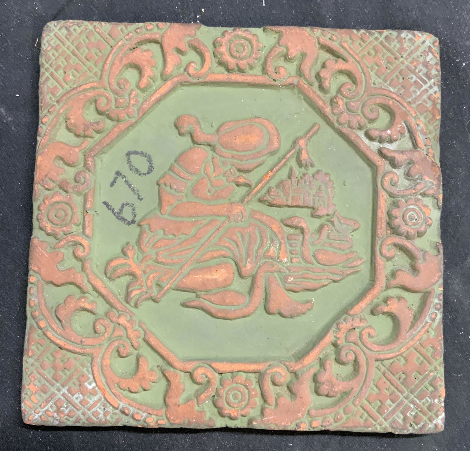 Vintage Green Painted Figural Terracotta Tile (1 of 6)