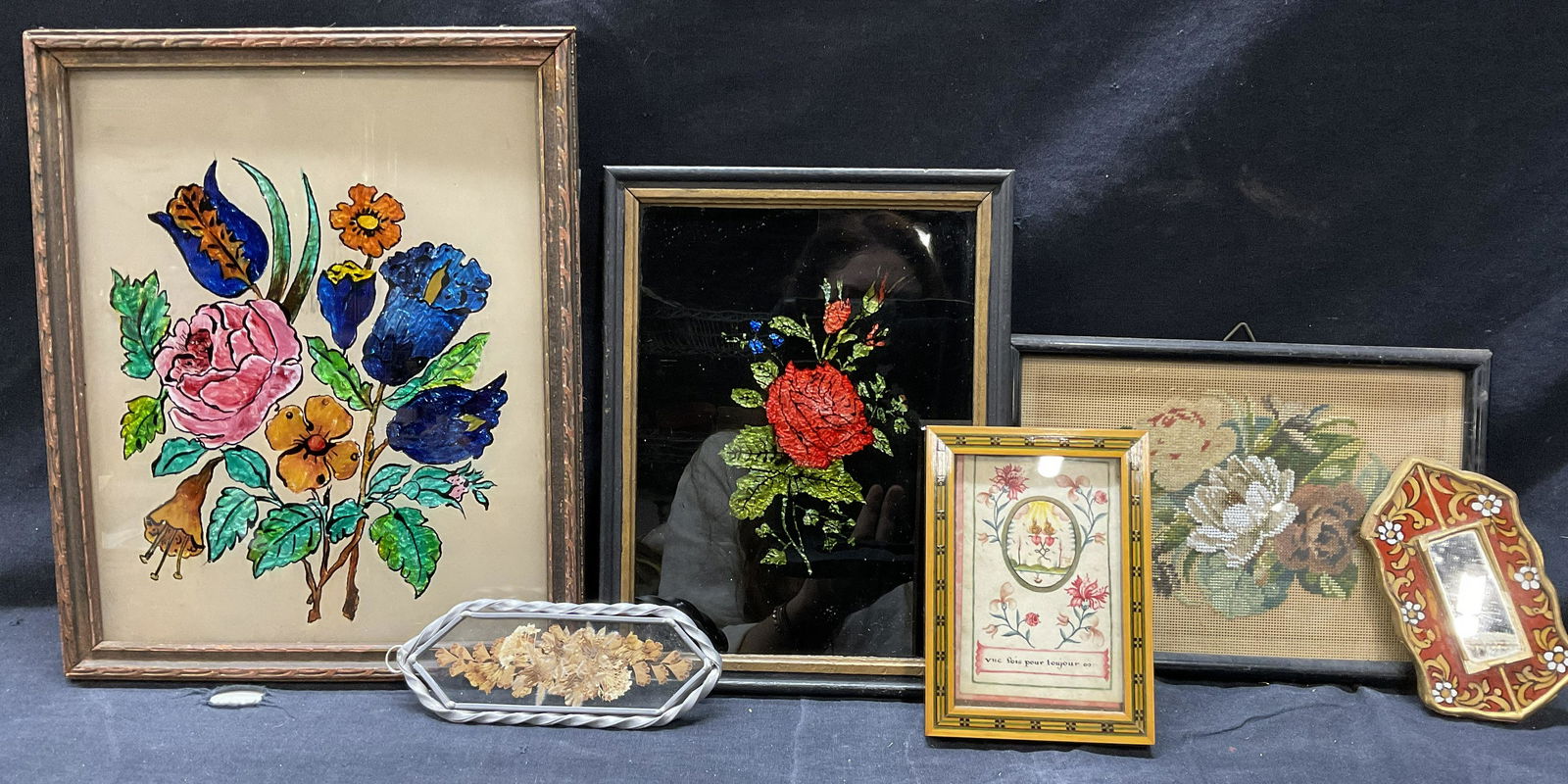 Lot 6 Floral Art, Dried Flowers, Needlepoint (1 of 8)