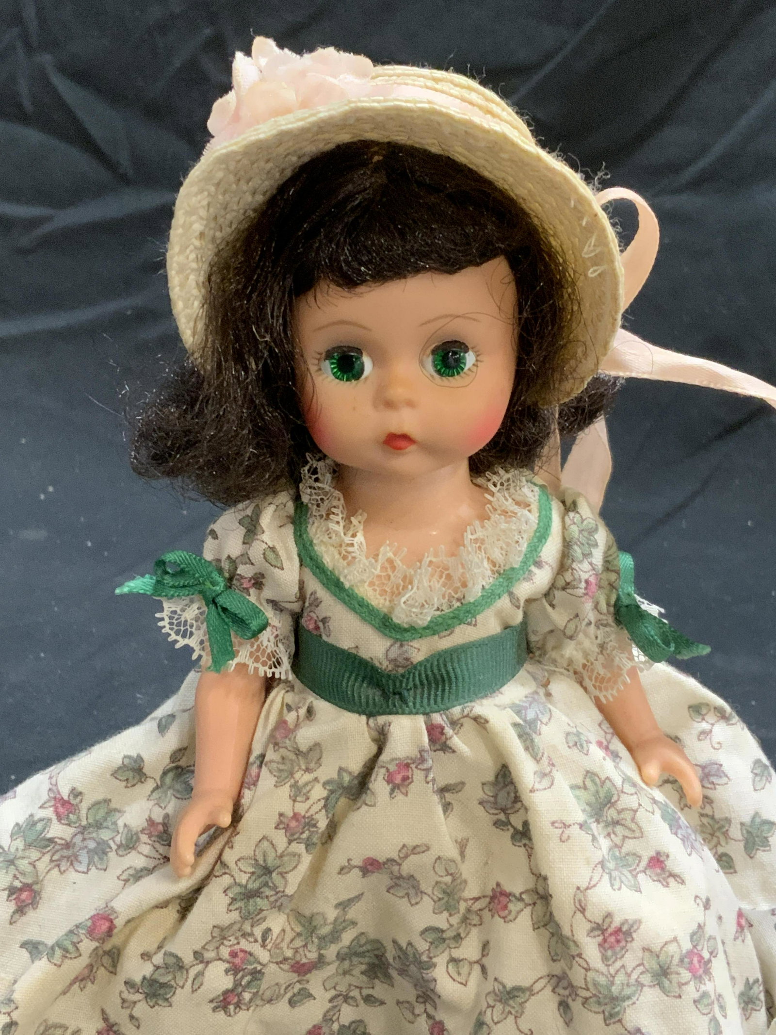 Vtg MADAME ALEXANDER Scarlett Picnic Doll: Vintage Madame Alexander Scarlett Picnic doll. Trademarked on tag. Surface wear consistent with exposure. Fabric and plastic. Measures approx. 8 inches long. Madame Alexander, Madame Alexander doll, v