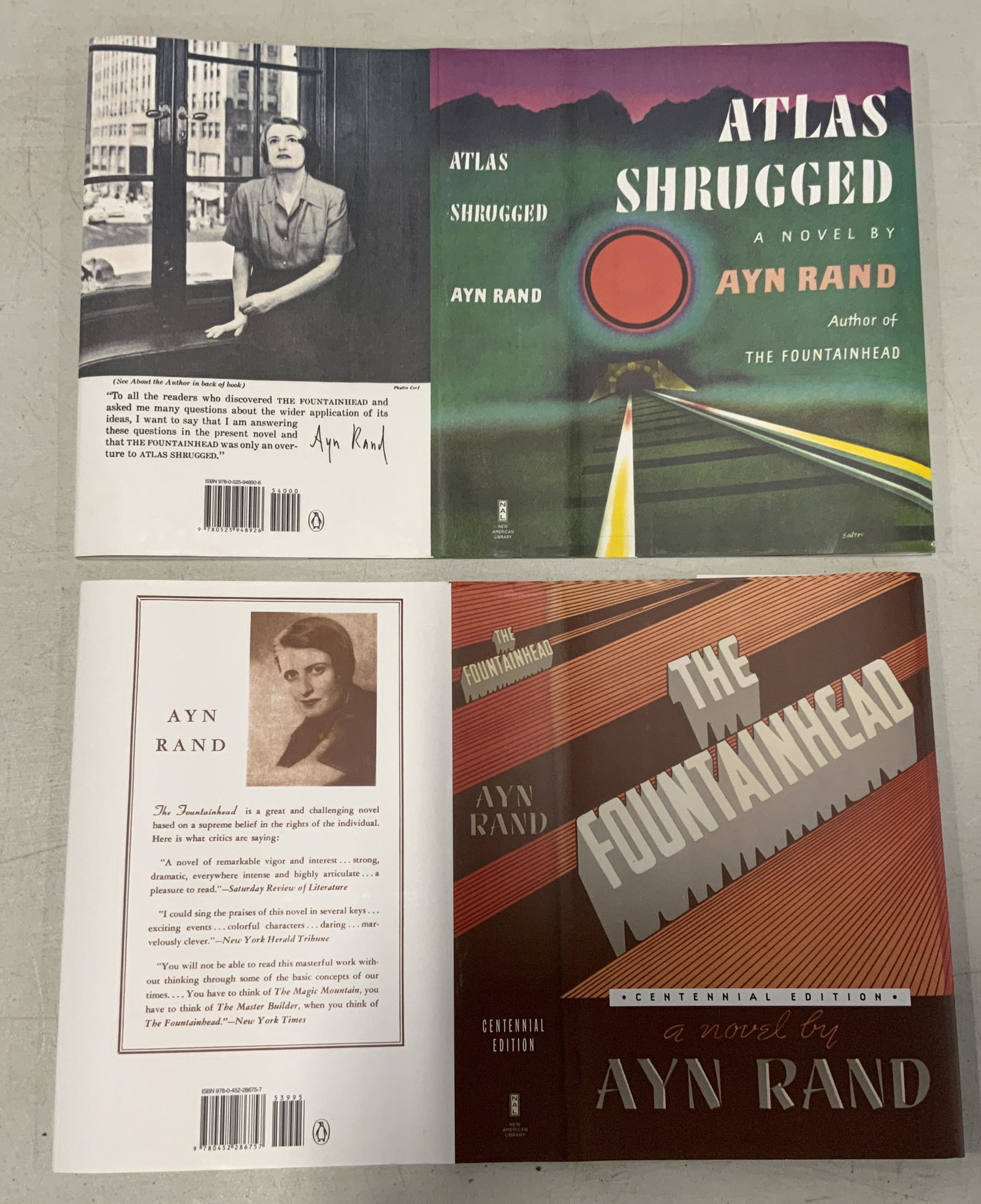 6 A Rand Atlas Shrugged&Fountainhead Book Jackets: Group of 6 Ayn Rand book jackets. 3 Atlas Shrugged and 3 The Fountainhead. Some surface wear to all observed, bending to corners. Measure approx. 22.5 x 9.25 inches each. Ayn Rand, the fountainhead, a