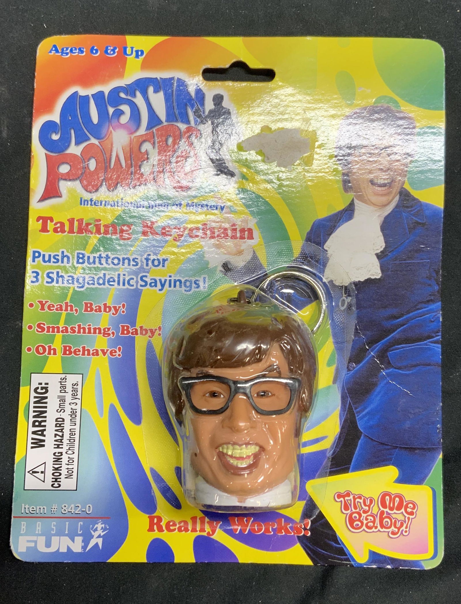 Vintage AUSTIN POWERS Talking Keychain NIP: Vintage Austin Powers talking keychain. New in package. Not tested for function. Keychain measures approx. 1.5 x 2.25 inches. Package measures approx. 5.5 x 7 inches. Austin powers, Austin powers keyc