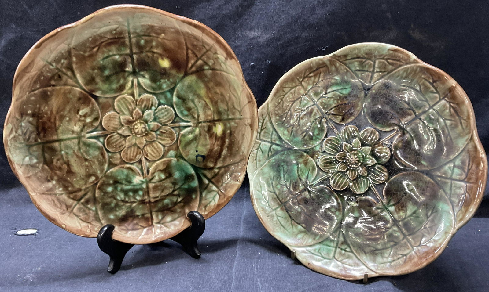Pair Majolica Plates W Floral & Leaf Detail (1 of 6)