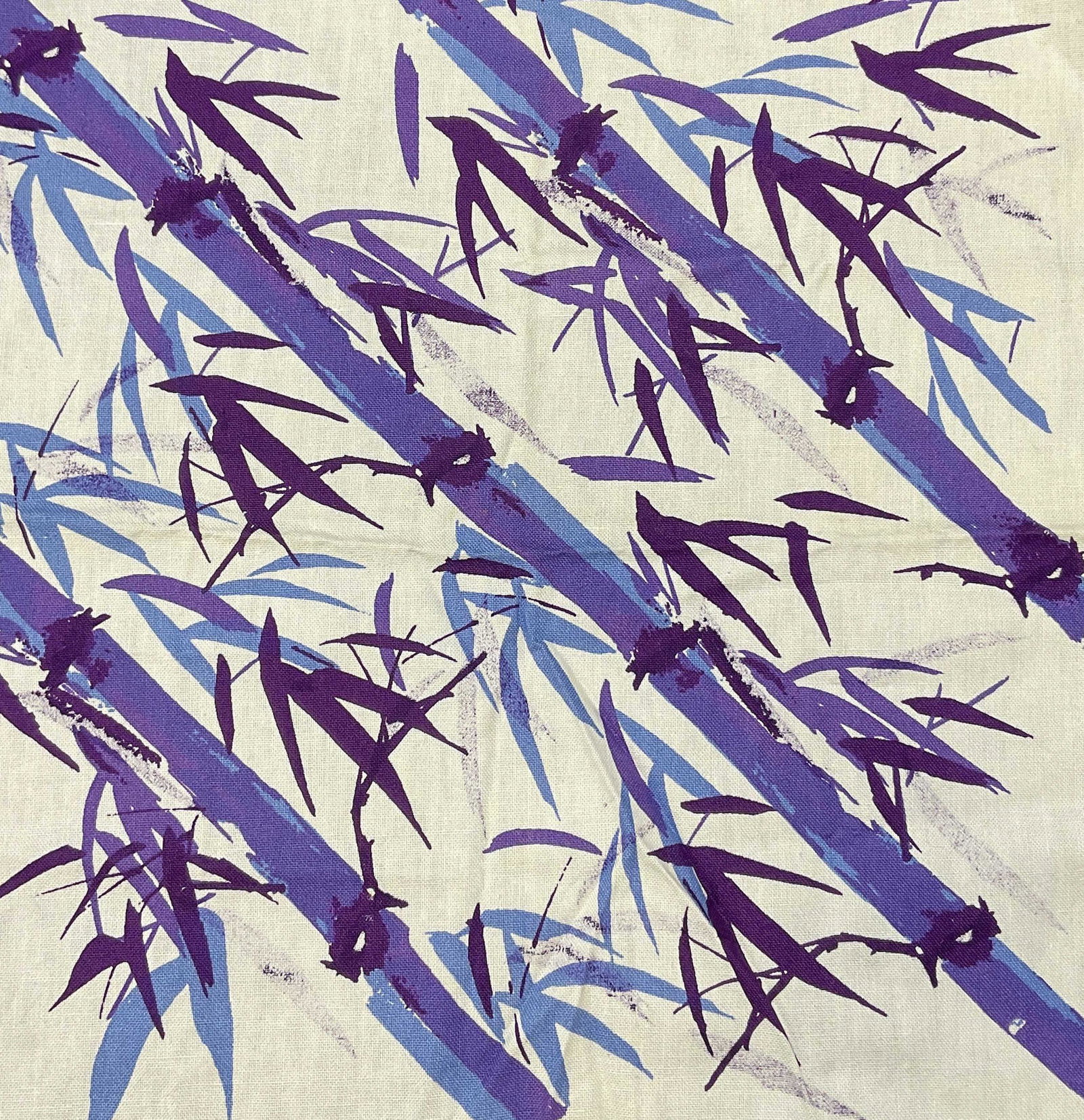 Purple Bamboo Detailed Cotton Handkerchief: Purple Bamboo Detailed Cotton Handkerchief. No material label to piece, soft hand feel, possibly cotton. Measures approx 16.25 x 16.25 inches. Script to corner of piece, illegible (see photos). Cotton