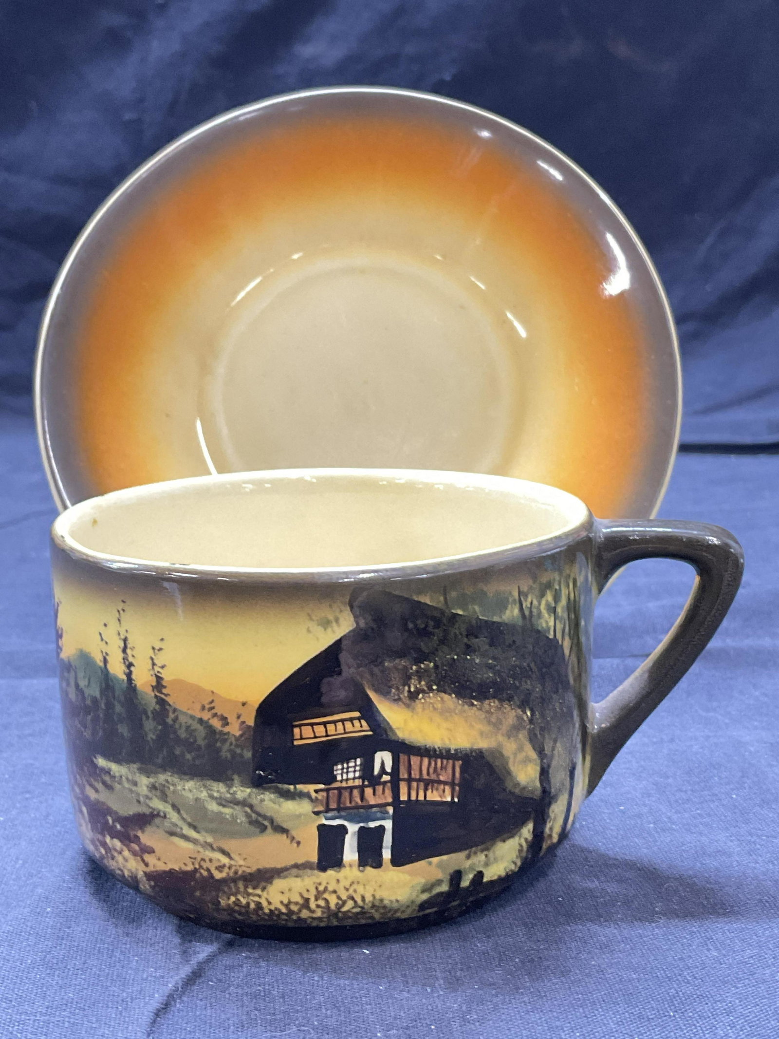 Majolika Teacup & Saucer: Labeled to bottom of teacup Majolika. Saucer and teacup measures approx 6D and 2.75 H. Minor chip to saucer. Teacup has detailed cabin and landscape scene to it. Majolika ceramic ware, kitchenalia, sa
