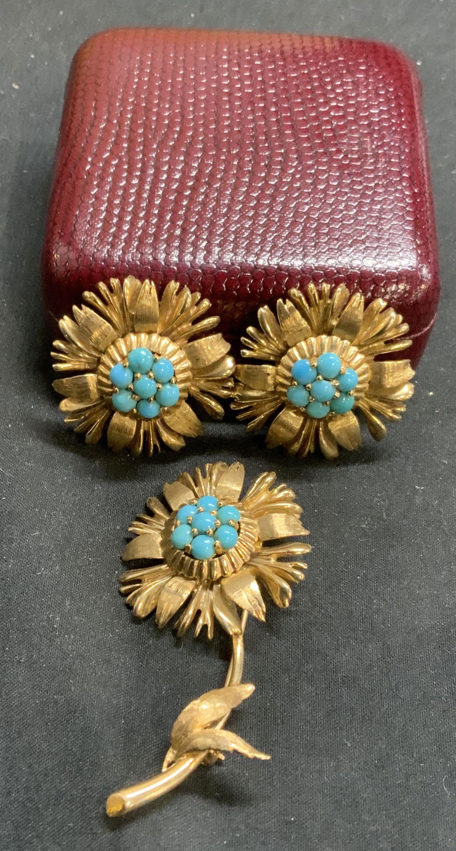 Set Gold Tone Flower Brooch & Earrings in Box (1 of 8)