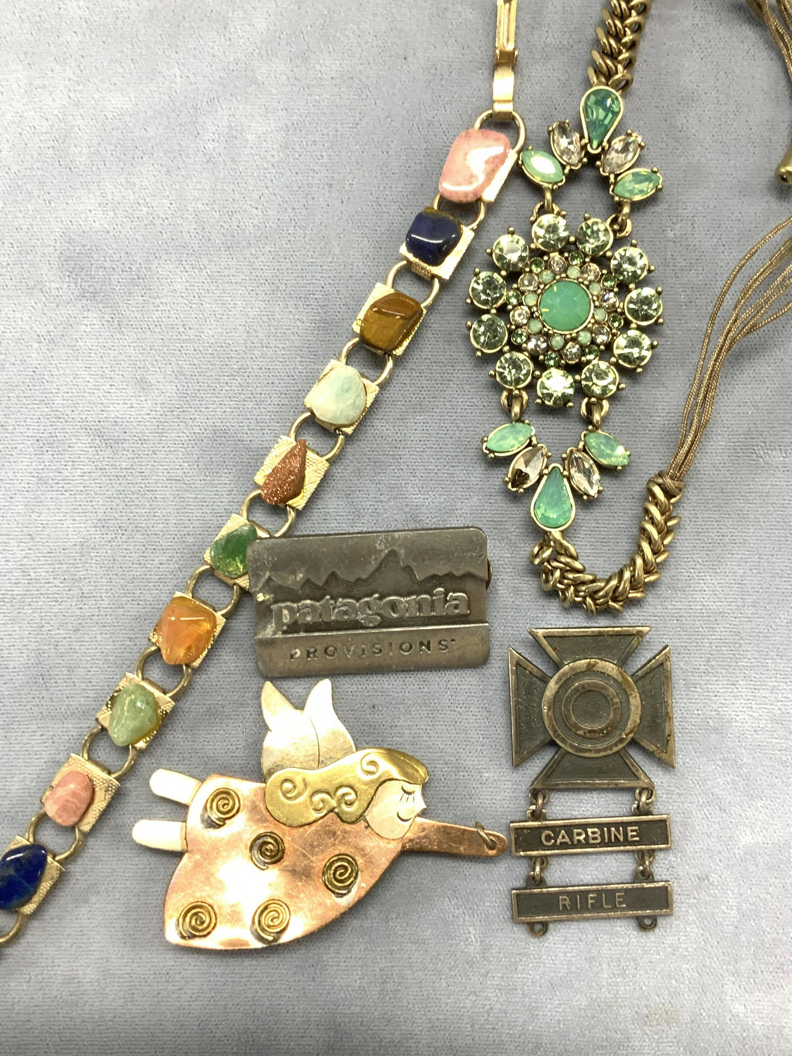 Lot 5 Angel & Sterling Silv., Brooch, Bracelets: ,Handmade metal Angel brooch made of copper toned, silver and brass toned metal, 2.5 x 1.5 in. Double as a pendant or charm. Polished gemstone pebbled stones on bracelet, 8 in. Long. Stones include ti