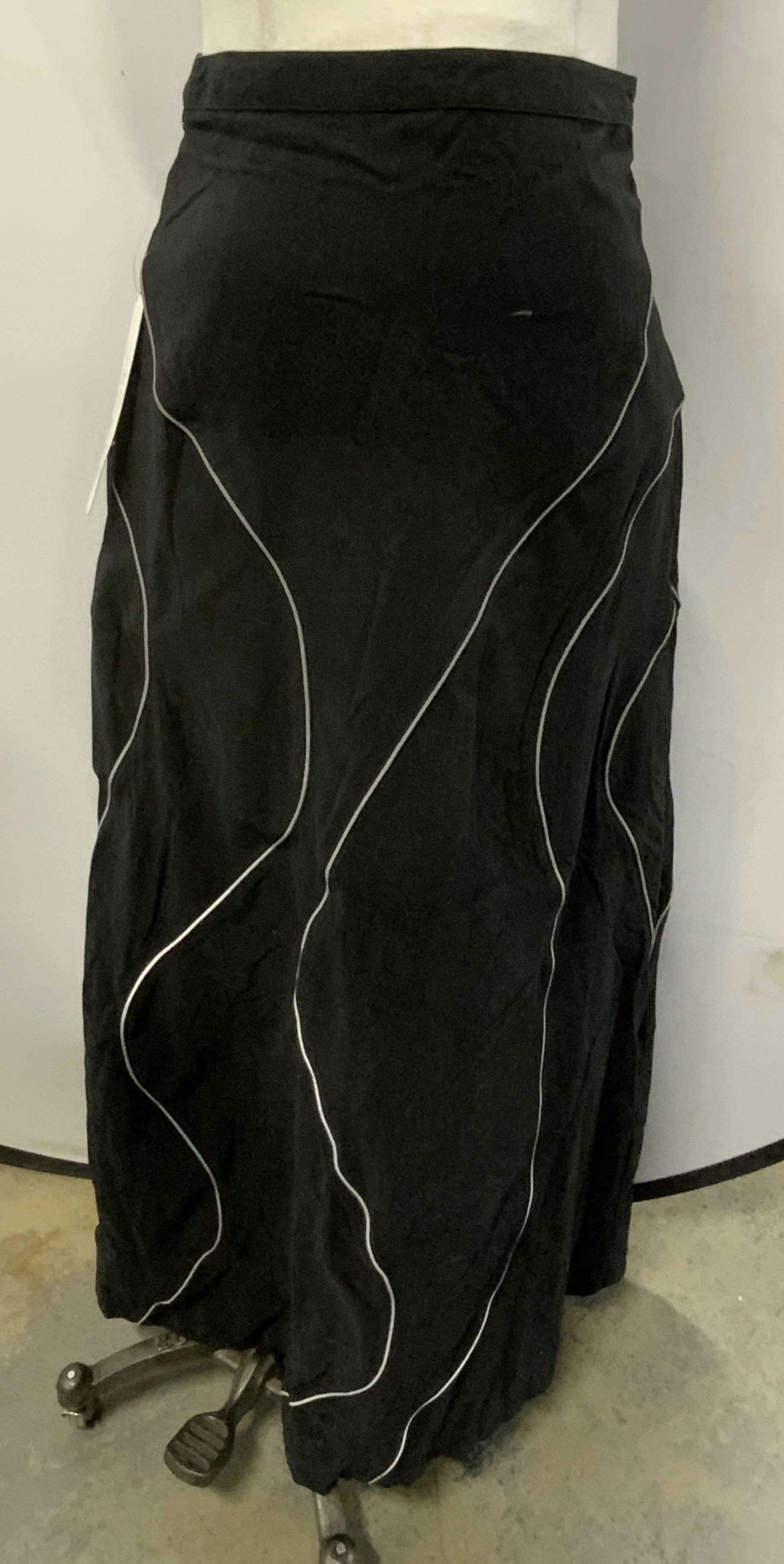 ILLIG Black Maxi Skirt with Piping NWT: ILLIG black polyester maxi skirt with grey piping. New with tag. Size XS. ILLIG, ILLIG skirt, ladies designer skirt, ladies designer fashion, ladies street wear, ladies black skirt, ladies skirt, ladi