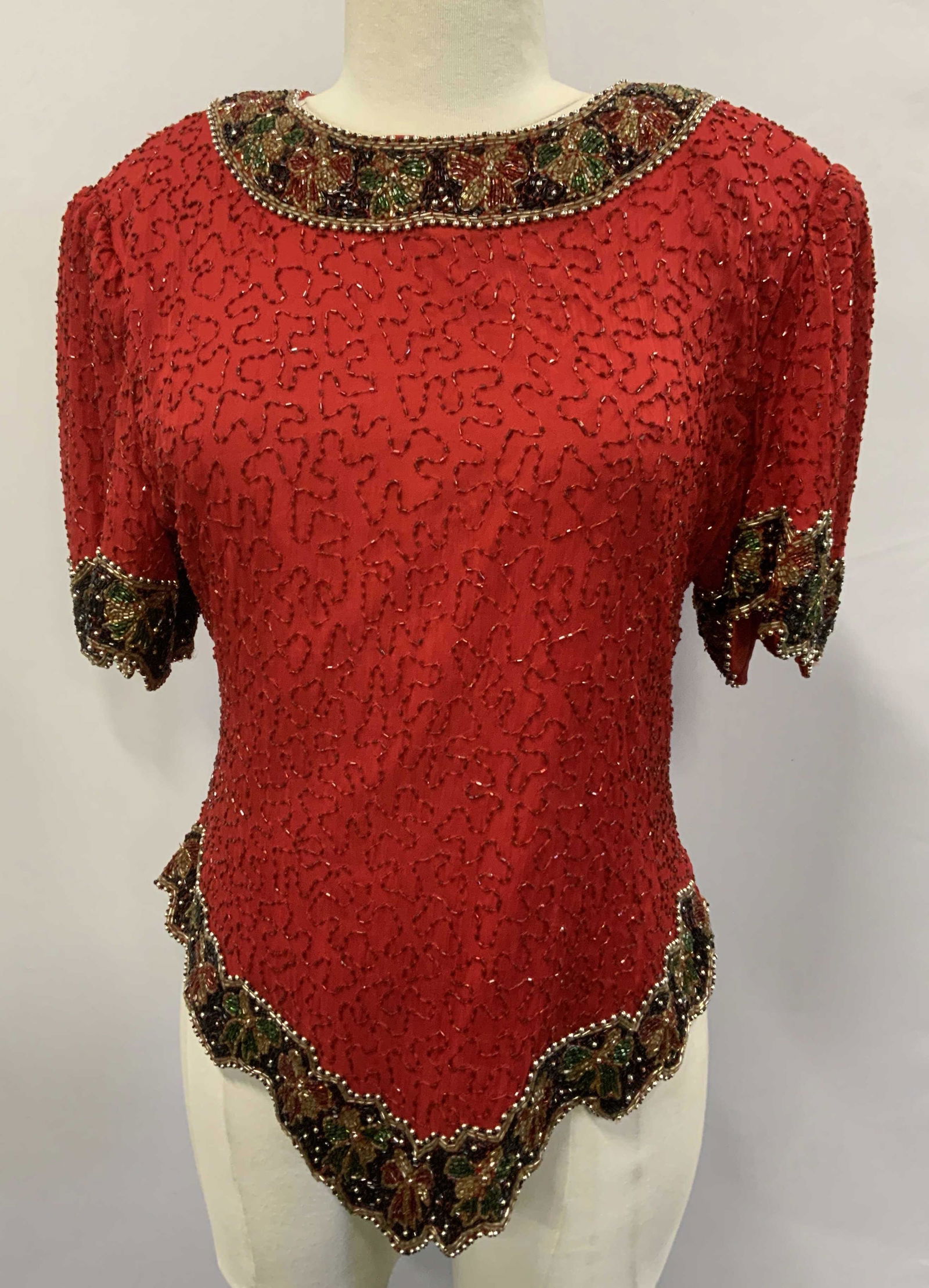 LAWRENCE KAZAR Red Silk Beaded Top NWT (1 of 7)