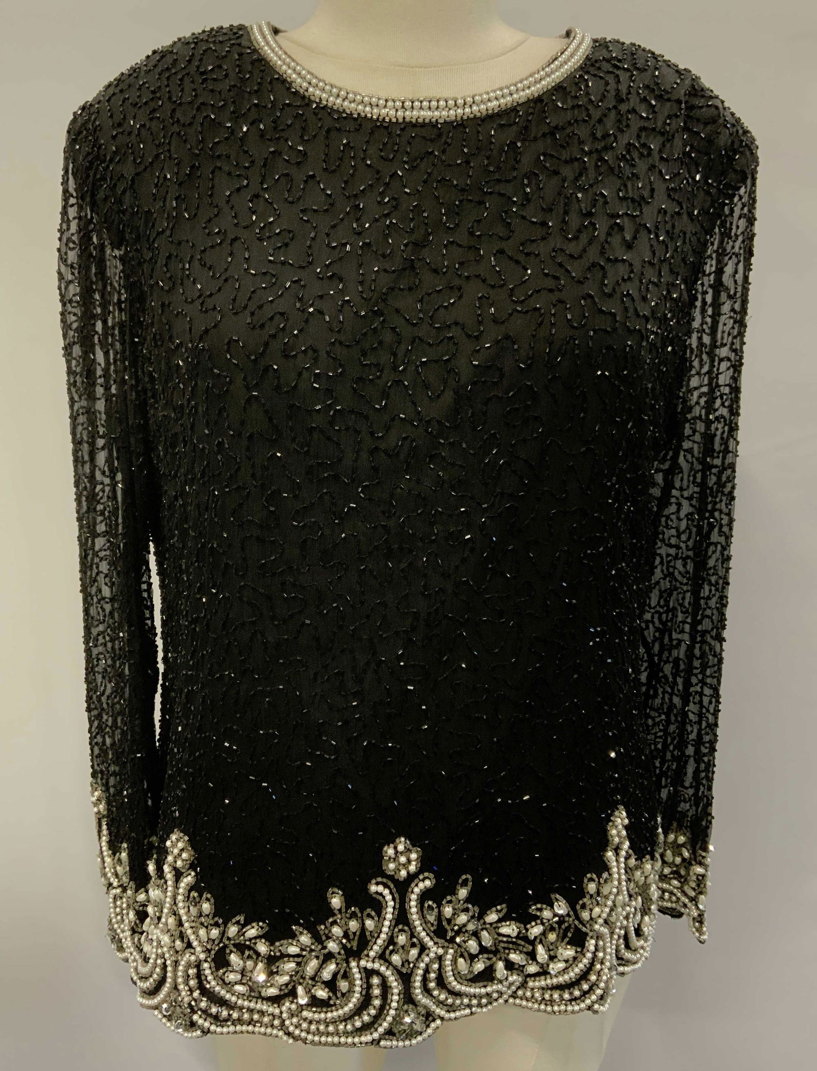 LAWRENCE KAZAR Black Beaded Silk Top (1 of 7)