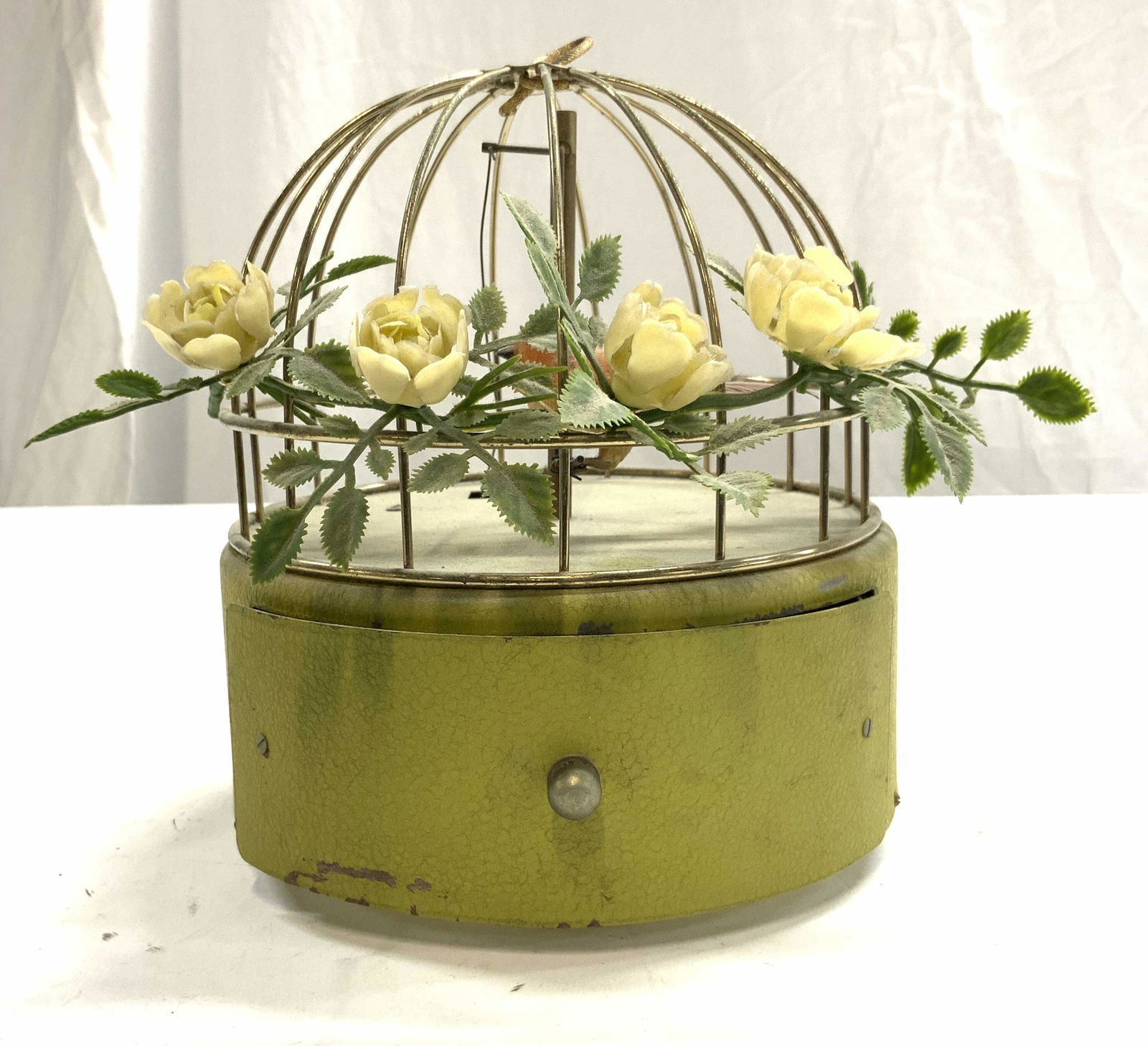 KELLERMAN Vintage Metal Birdcage Music Box: Underside has tag which reads KELLERMAN JEWEL CASE. Music Box is vintage and metal. Base has drawer which opens and activates music playing mechanism. Piece has dome shape. Interior has bird figure. P