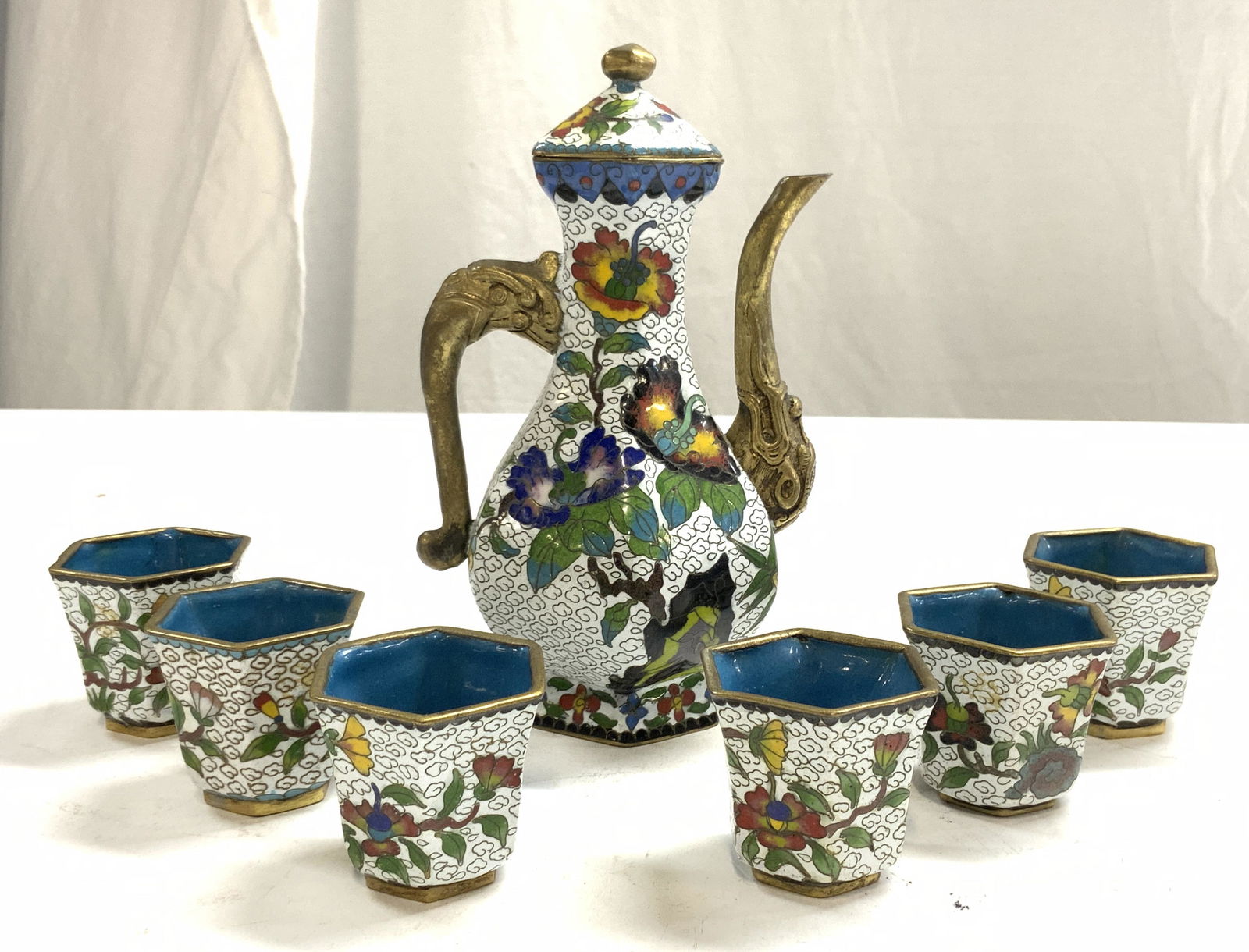 Set 7 Vntg Asian Enamel Lidded Espresso Pot & Cups (1 of 9)
