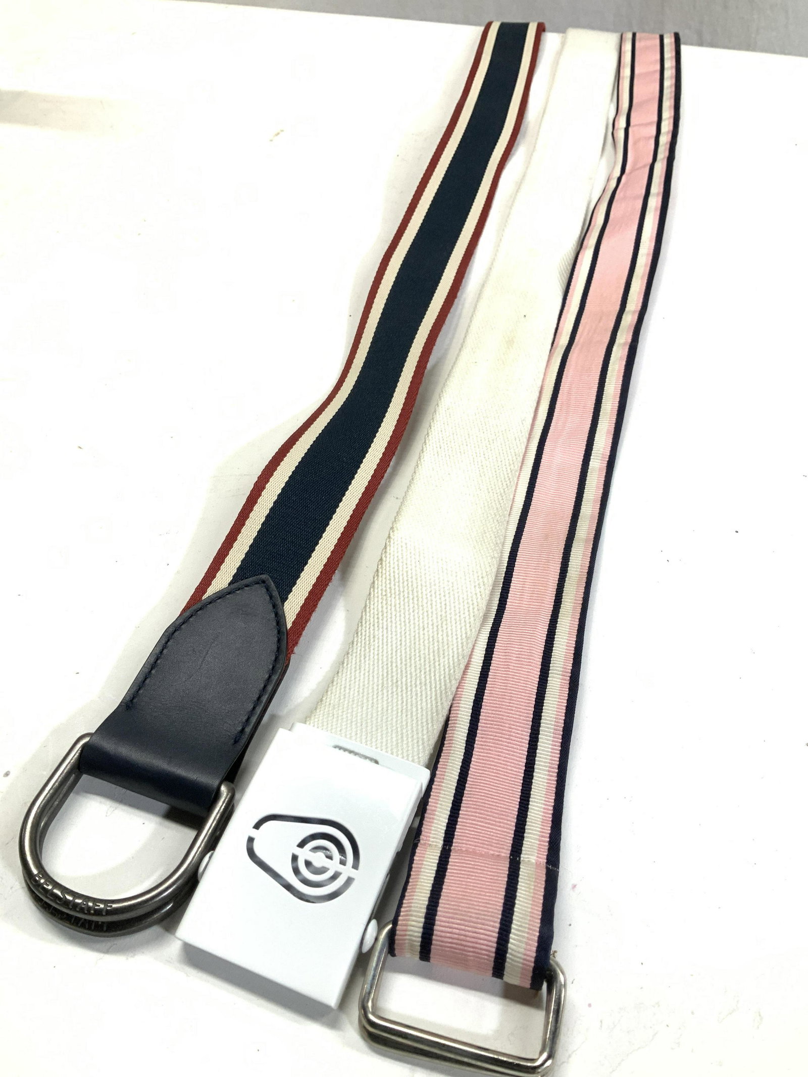 BORRELLI, BRITANNIA, Sail Racing Belts, 3: Pink, navy and white BORRELLI Poly/ Cotton Belt, size M ( 1.5 x 43.5 in.) Made in Italy. Union Jack colors striped Britannia Challenger Belt for the 36th Americas Cup , size Small ( 42 x 1.5 in.) made