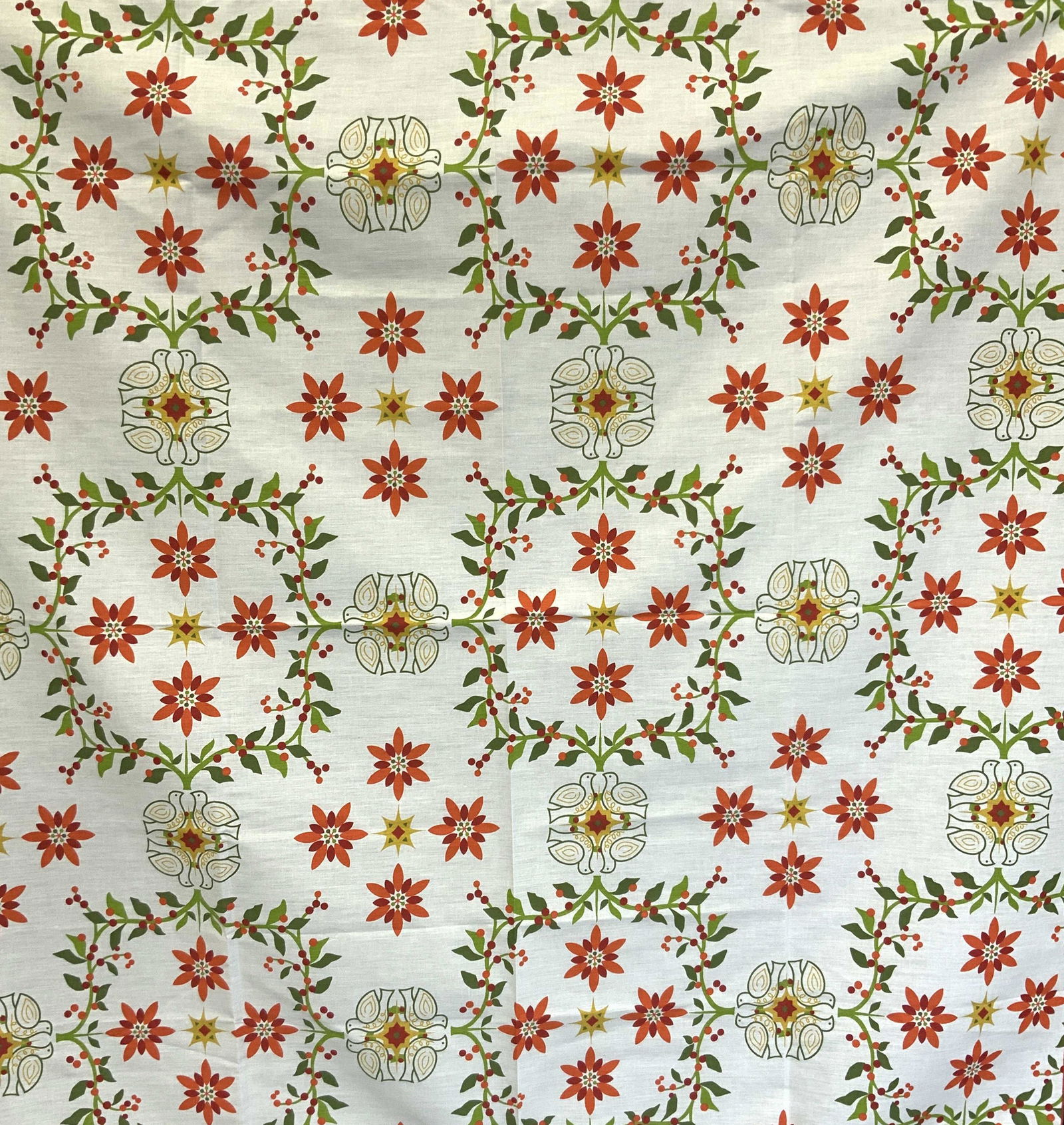 51 x 52 Inch Floral Table Cloth: Approximately 51 x 52 inches White base adorn with folk art inspired birds in green outlines with red and orange flowers with green leaves. Edges have red stitching. No evident blemishes or issues. Fl