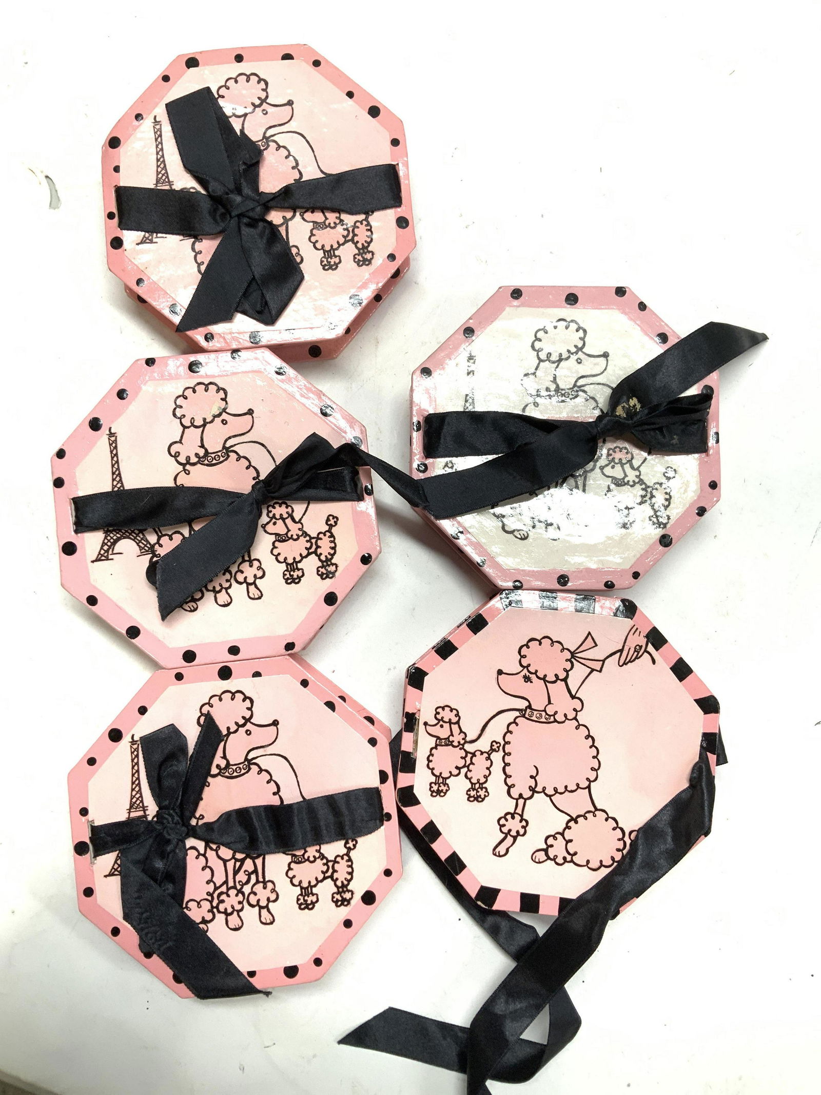 Set 5 Hand Painted Poodle Boxes with Ribbon, New (1 of 7)