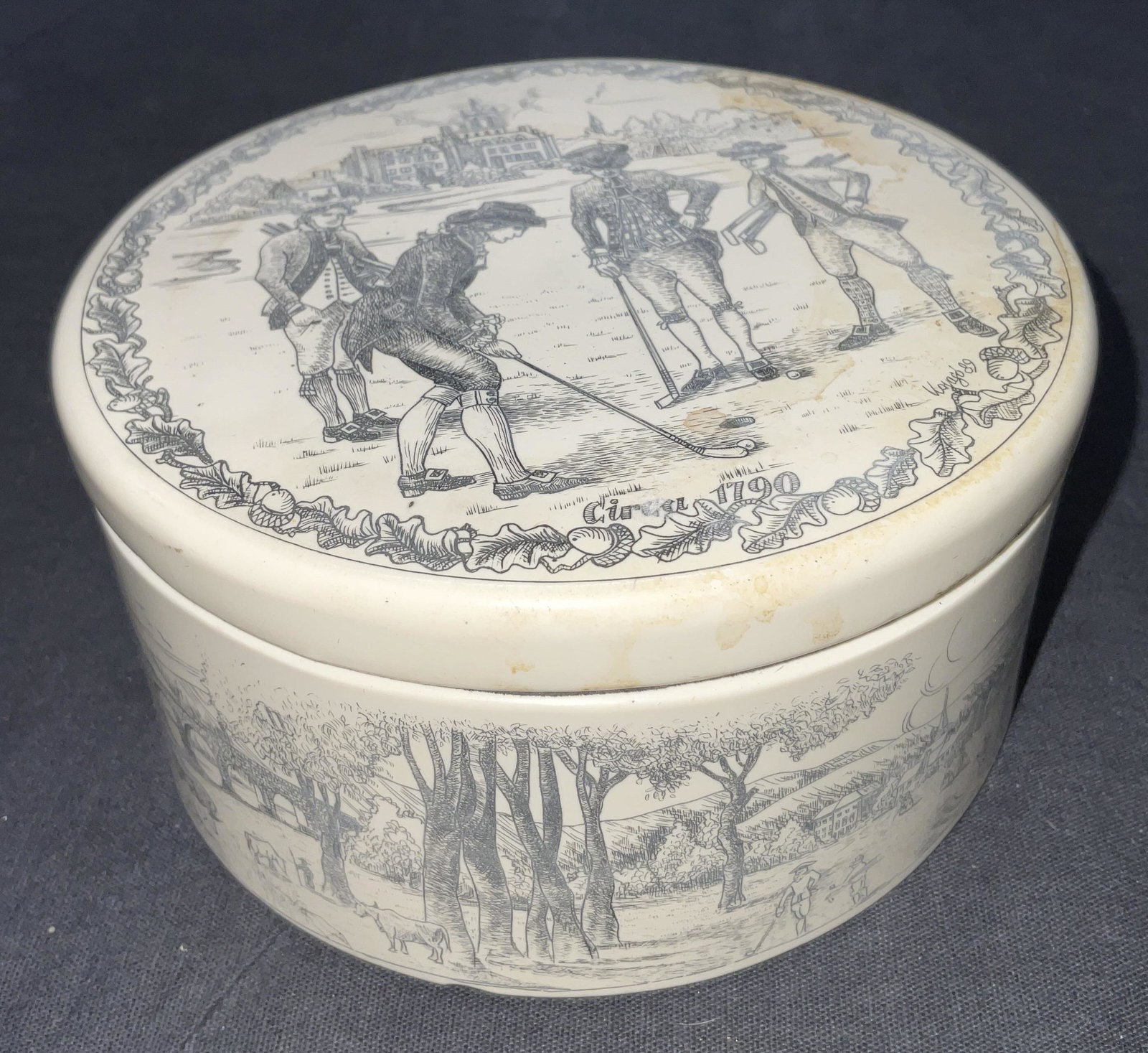 Etched Resin Velvet Lined Cylindrical Box: Etched Resin Velvet Lined Cylindrical Box. Measures approx 4.75 x 2.5 inches. Some surface wear to piece consistent with age and use. Etched to top Circa 1790 Trinket box, jewelry box, golf motif, res