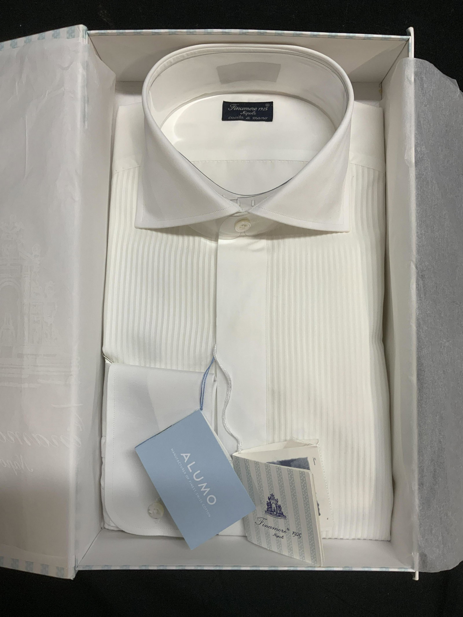 FINAMORE 1925 White Tuxedo Shirt NIB, Italy: FINAMORE 1925 white tuxedo shirt. Custom, handmade in Italy. New in original box. Measures approx. 16.25 inches across chest laid flat, neck measures approx. 5.25 inches wide. 100% Alumo fine Swiss co