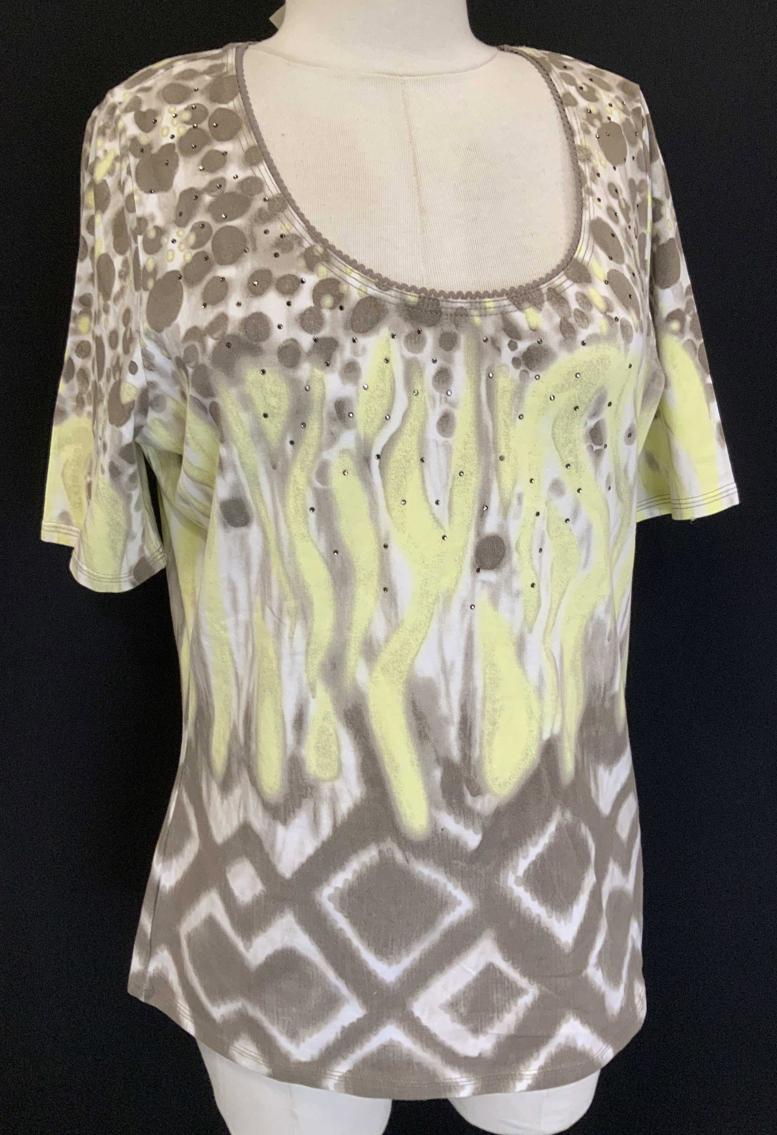 OUI MOMENTS Cotton Short Sleeve Top: Cotton with Spandex ladies top, abstract design with mocha and yellow on white, wide scoop collar, AB crystals adorn the front ..ladies size 12. Ladies tops, Ladies shirt, Summer Fashion, Spring Fashi