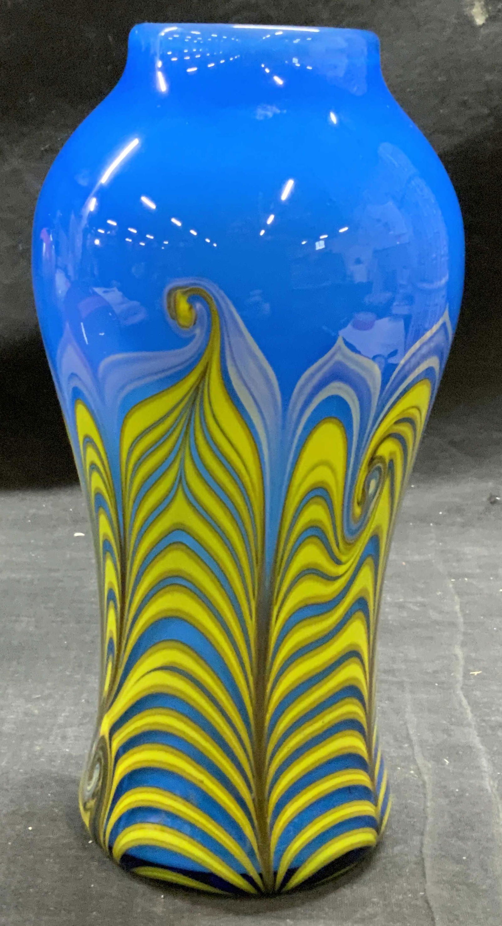 VANDERMARK Blue/Green Art Glass Feather Pull Vase (1 of 6)