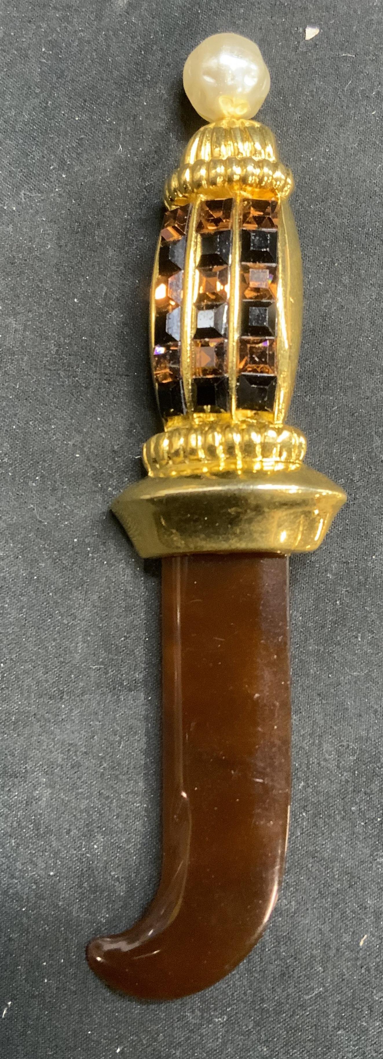 Signed XL Faux Pearl & Crystal Dagger Brooch (1 of 6)