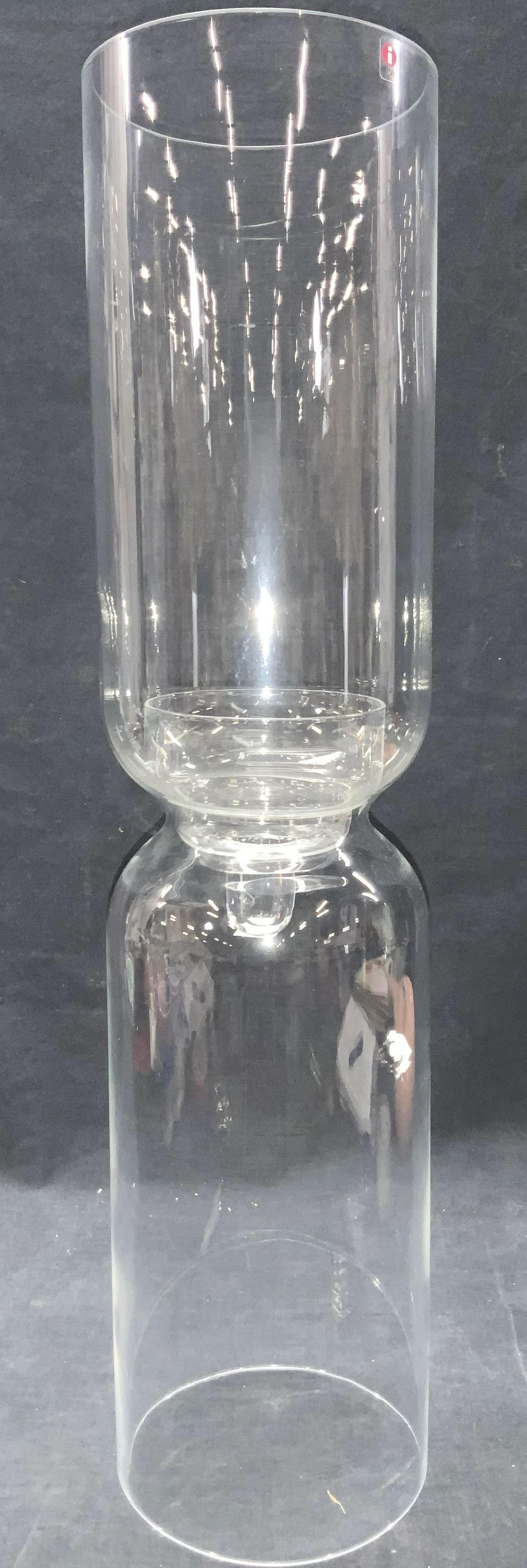 IITTALA Crystal 23 Inch Hurricane & Candle Holder: 23 inch tall crystal Hurricane with center removable candle holder. Marked on sticker Iittala, made in Italy. Approximately 23.75 inches tall and 6 inch diameter. Minor wearing due to previous use. Ii