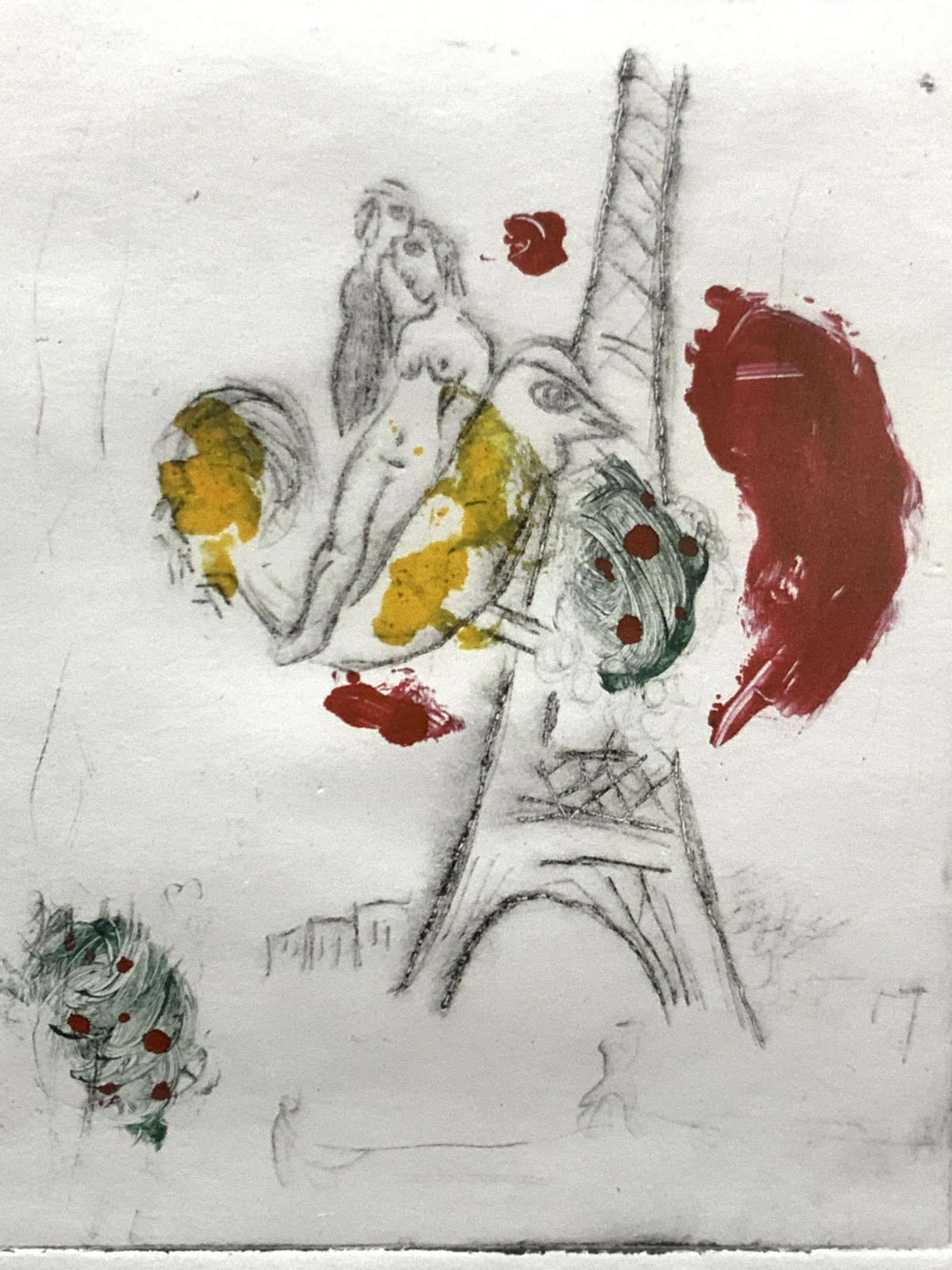 ATTR Chagall Signed Wood Block Press: Signed in lower right corner Marc Chagall 5/50 in graphite Verso is stamped reading Nova Corsica Art Dealer Subject depicts a nude coupe on a dove near the Eiffel tower. Professionally framed in woode