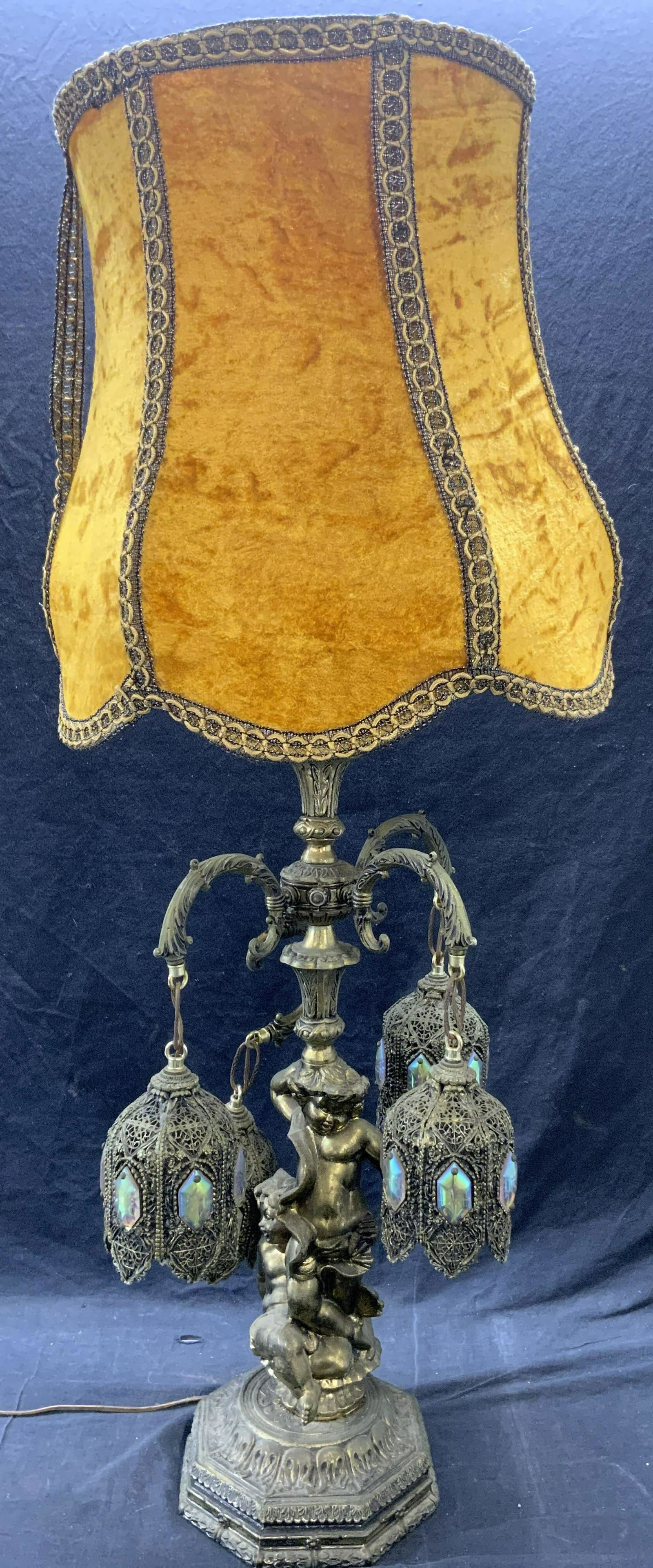 Vtg Ornate Victorian 4 Arm Lamp Crushed Velvet Shd (1 of 11)