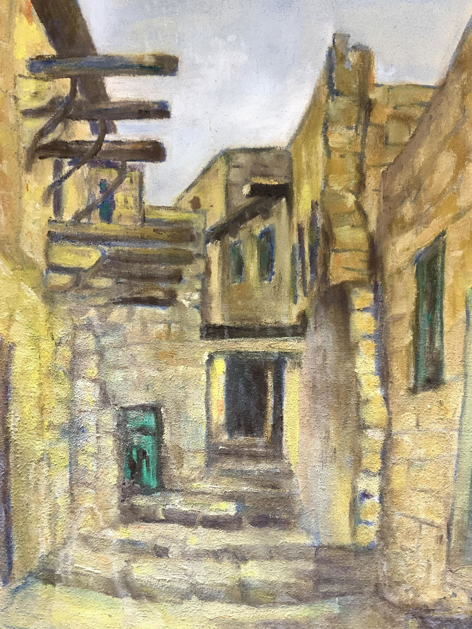 Signed LEON 1958 Framed Oil Painting: Signed in lower right corner Leon, 1958 Subject depicts a street view of a clay made village with green toned doors Professionally framed in wooden frame, no mat board or glass Approximately 17.5 x 14