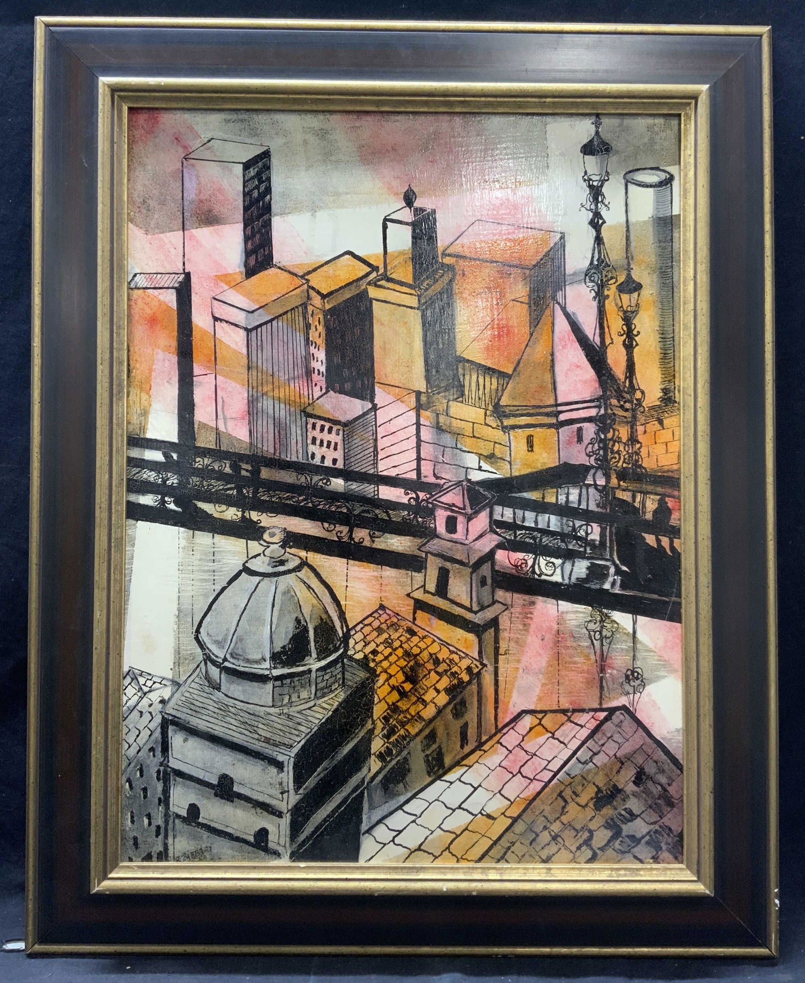 Signed Vintage Framed Painting of a Cityscape: Vintage framed painting on wood. Signed to lower left corner, illegible. Subject depicts a cityscape in hues of pink, orange, black and white. Framed in gold leaf clad wood frame. Approximately 29 5/8