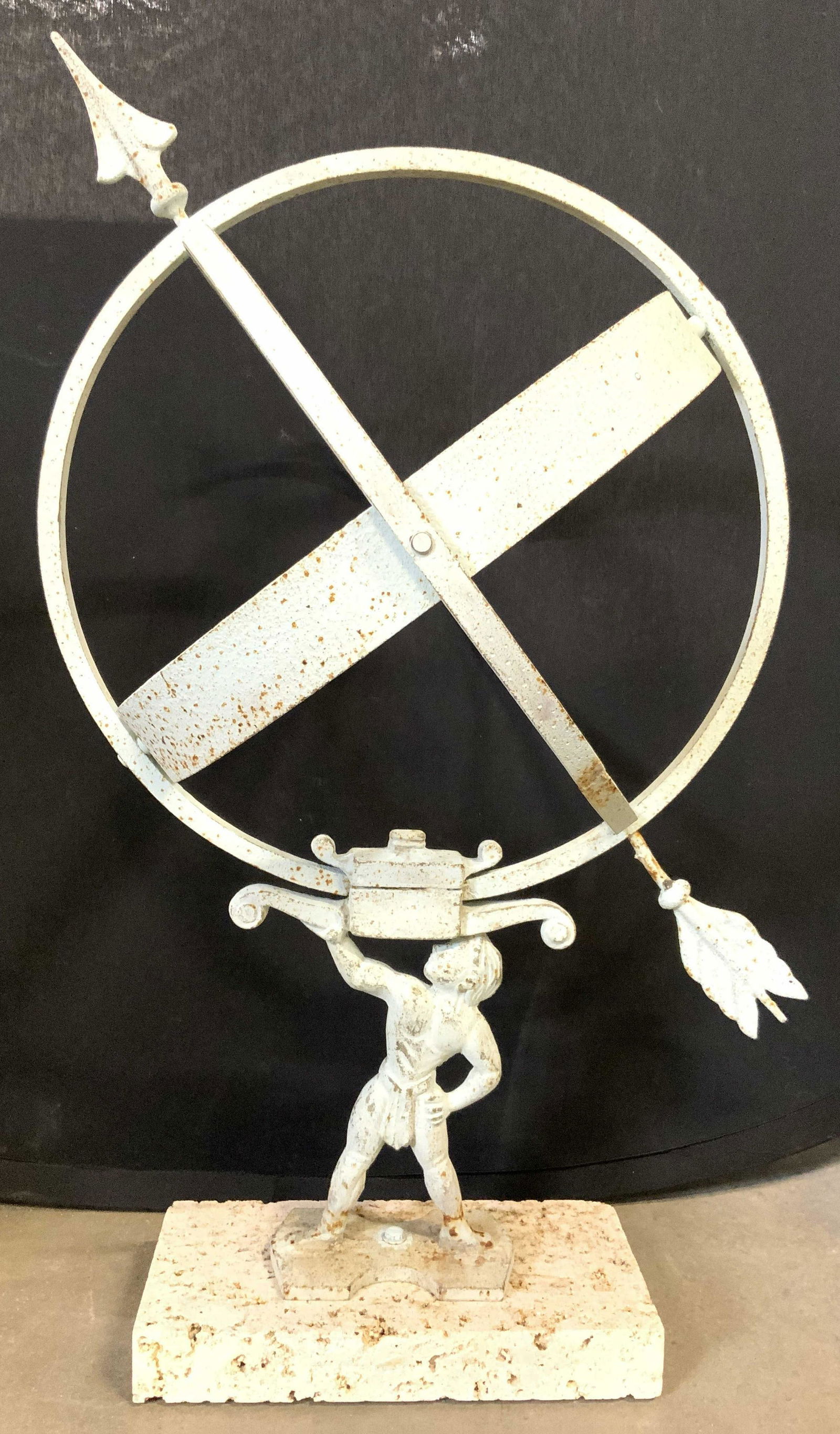 AB ARONSSON & SONER Antq Armillary On Coquina: Armillary appears to be AB ARONSSON & SONER (not confirmed). Swedish armillary sundial produced in the mid-1900s, Supported by a neoclassical (Hercules) figure. Piece has coquina base. Iron constructi