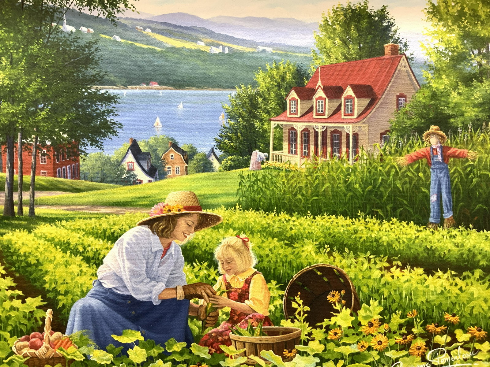 ROSANNE POMERLEAU Signed Oil Painting: Signed in lower right corner Roseanne POMERLEAU Subject depicts a woman and daughter picking corn in field outside of a cottage with houses in the distance and lake in the background.Professionally fr