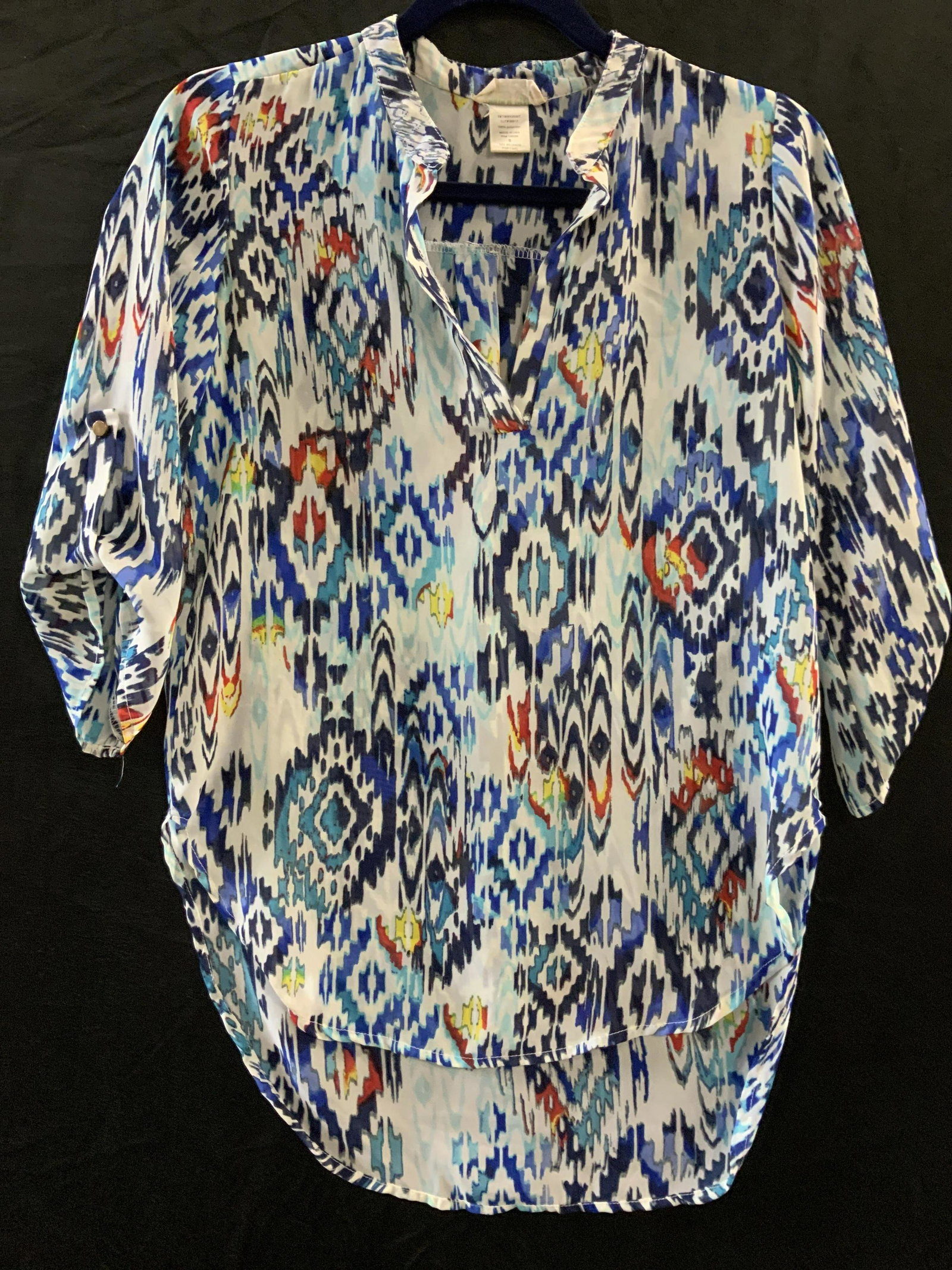 Golden State Los Angel. Native American Blouse: Sheer polyester fabric , white with Native American Geo print in blue with black, red, and hints of yellow. 3/4 sleeves. Size small, loosely fits. Designer label Golden State Los Angeles. Shirt, Blous