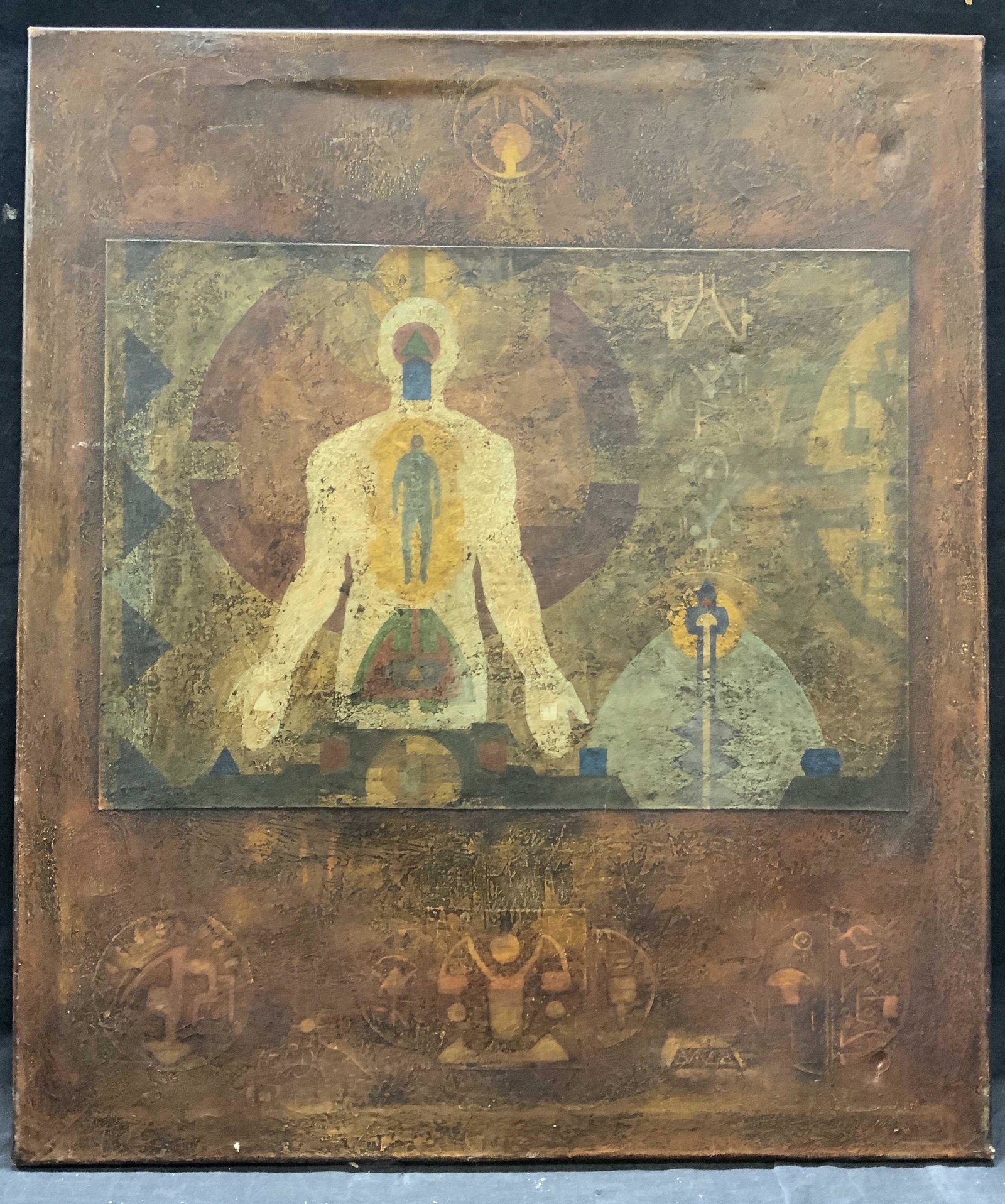 Signed Latin American Figural Painting: Latin American School mixed media oil painting on canvas. Signed, titled, and dated to verso. Signature illegible. Titled Coaybay (Morada de los Ausentes), dated 2001. Subject depicts male figure and 