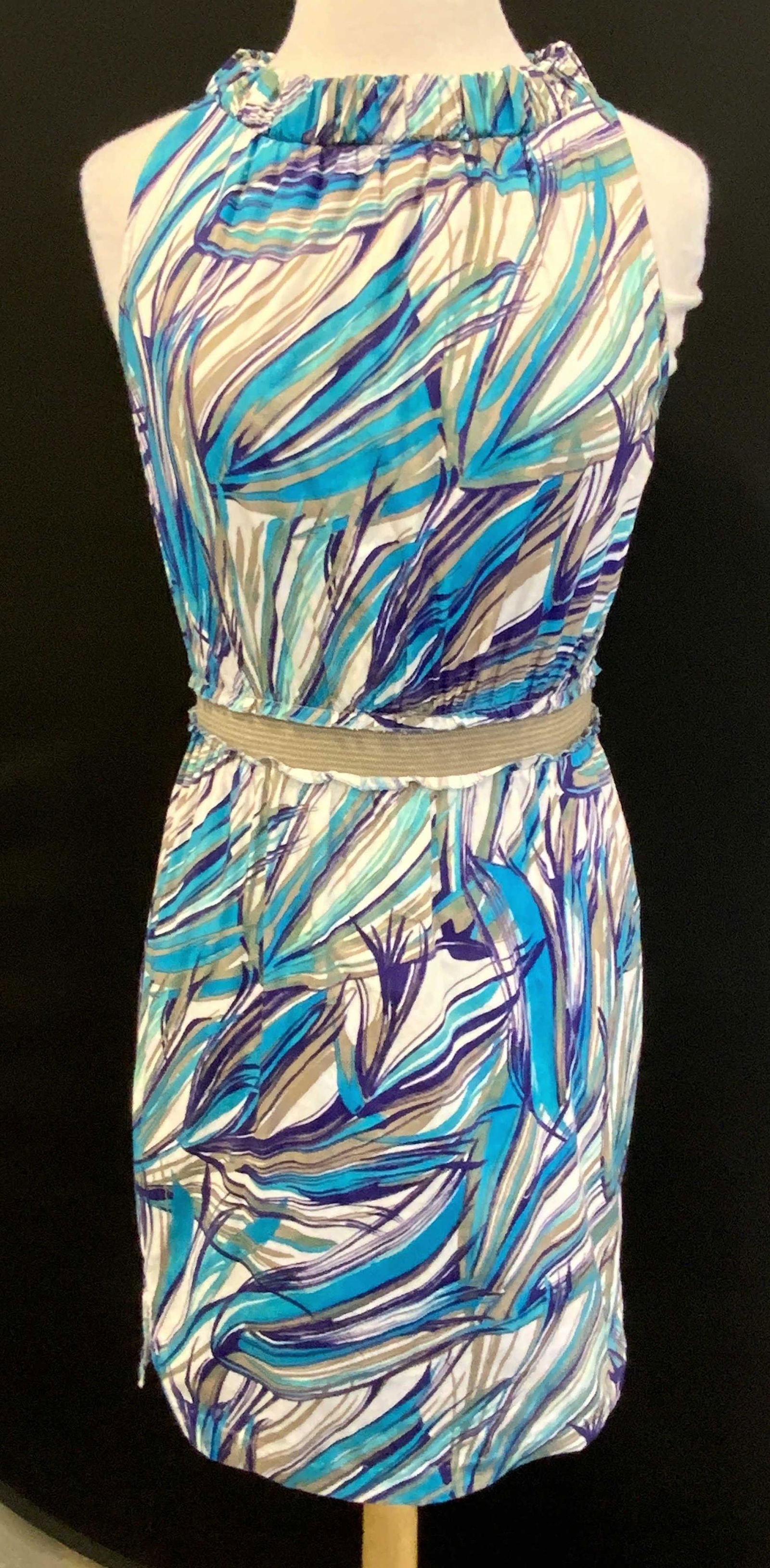 MISSONI Blue Abstract Print Dress, Italy: MISSONI Blue, grey, and white, abstract printed dress. Size 6. 100% cotton. Gently worn. Made in Italy. MISSONI, MISSONI dress, ladies designer dress, ladies designer fashion, ladies designer a line d