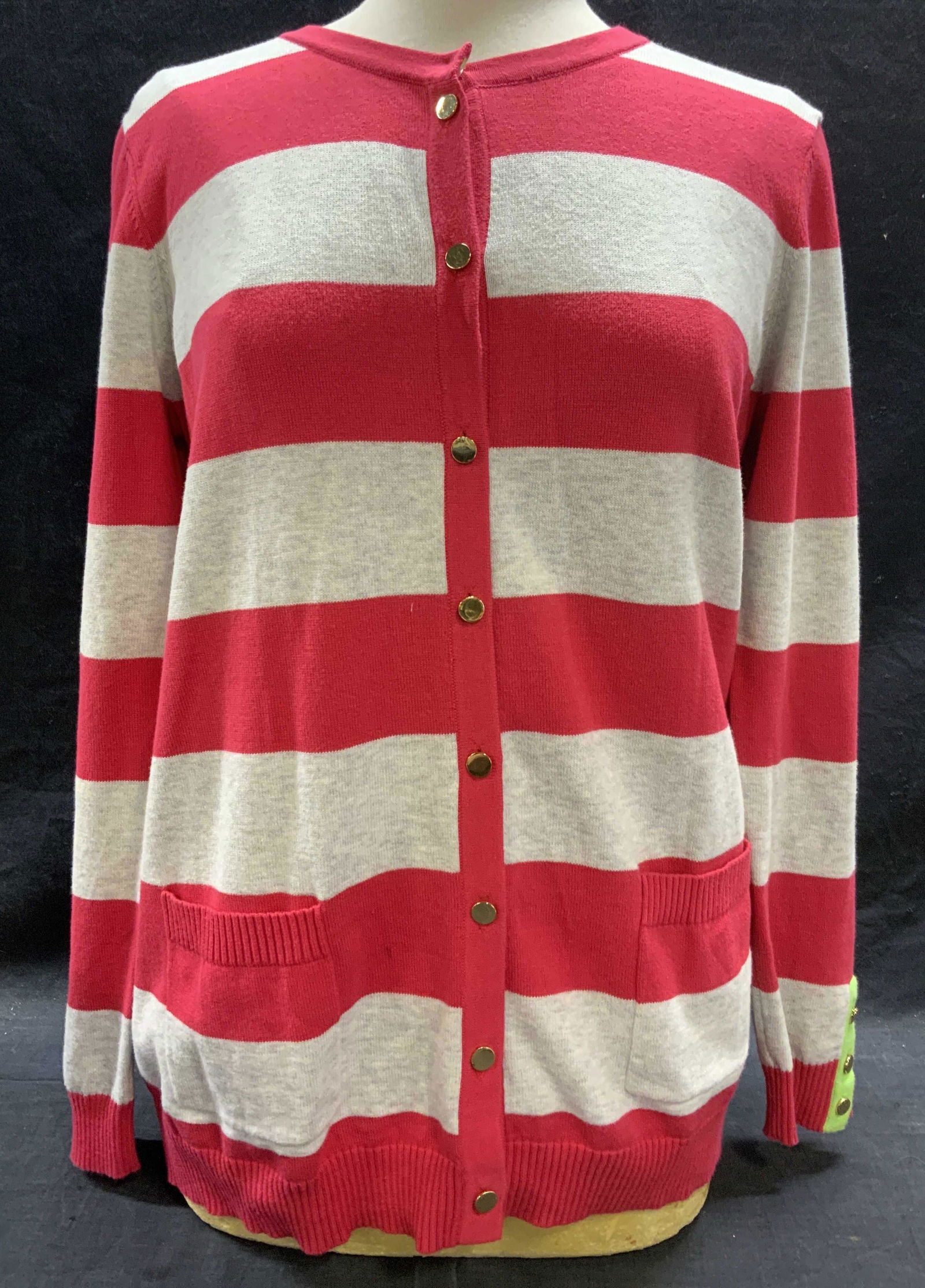 JOAN VASS Pink/Grey Striped Cardigan Sweater (1 of 6)