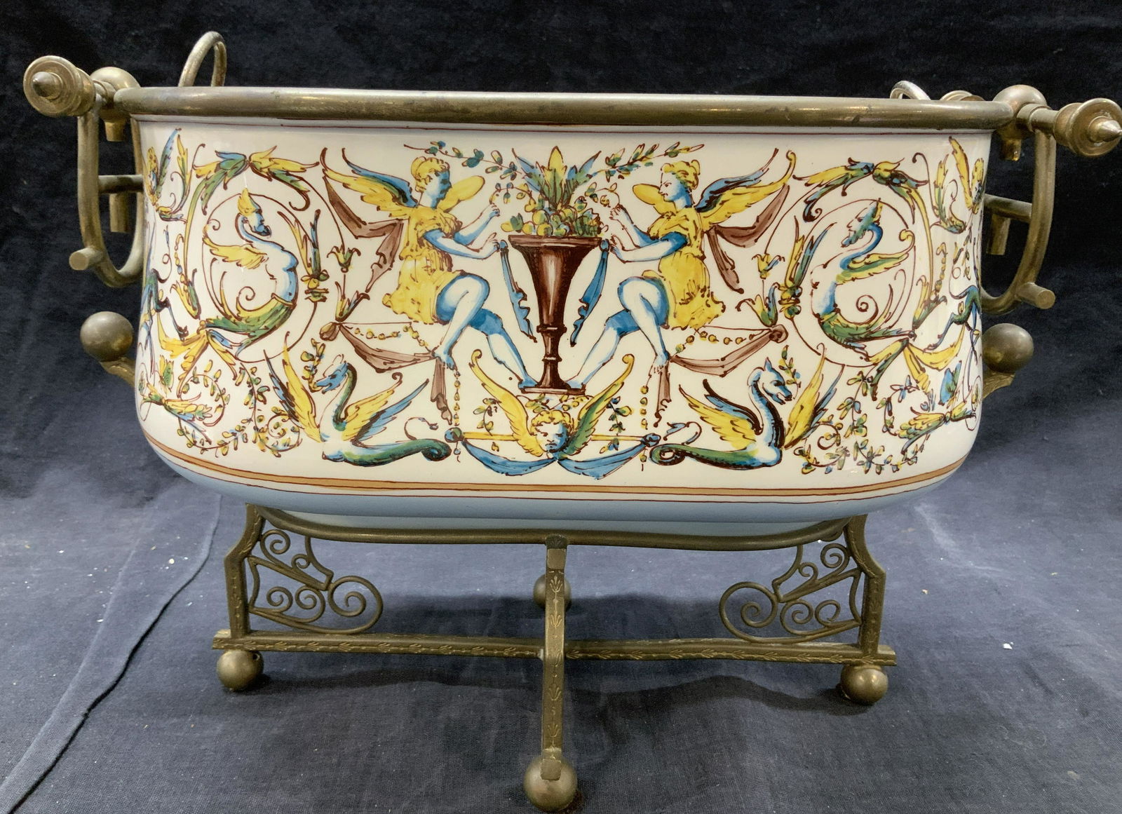 Sgn French Faience Tole Cachepot w Brass Base (1 of 9)