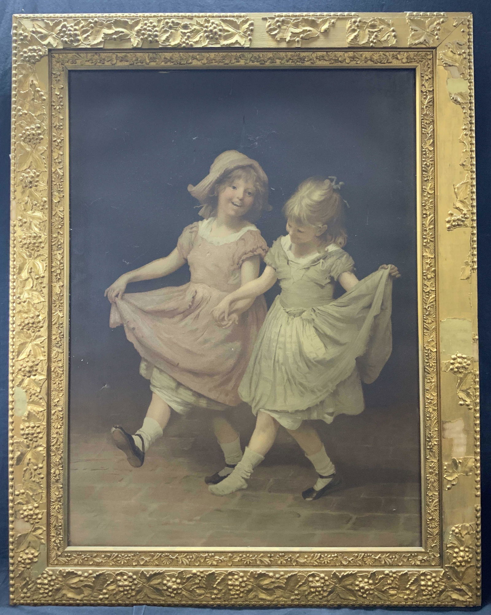 XL John Morgan Skipping Girls Giclee On Canvas: Approximately 46.5 x 36.5 inches Giclee print of John Morgans Painting entitled Glee. Subject depicts two young girls holding hands as they skip along, one in pink the other in white. Framed in ornate