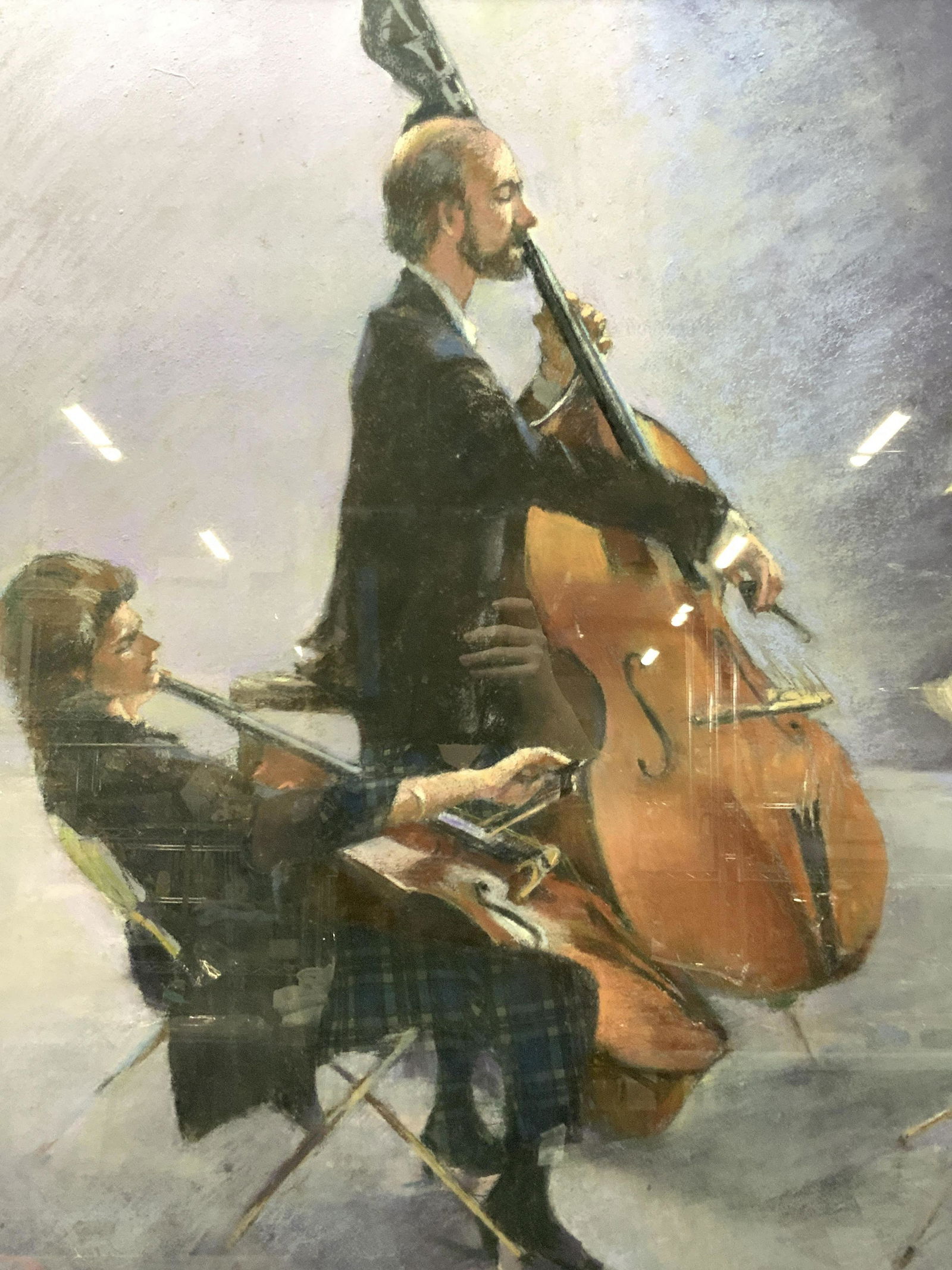Framed Orchestra Musicians Pastel Art: Framed Pastel drawing of two musicians both in tails and playing cellos amongst a purple toned background. Framed in dark wooden carved frame its off white mat board and black toned inner fillet. Appr