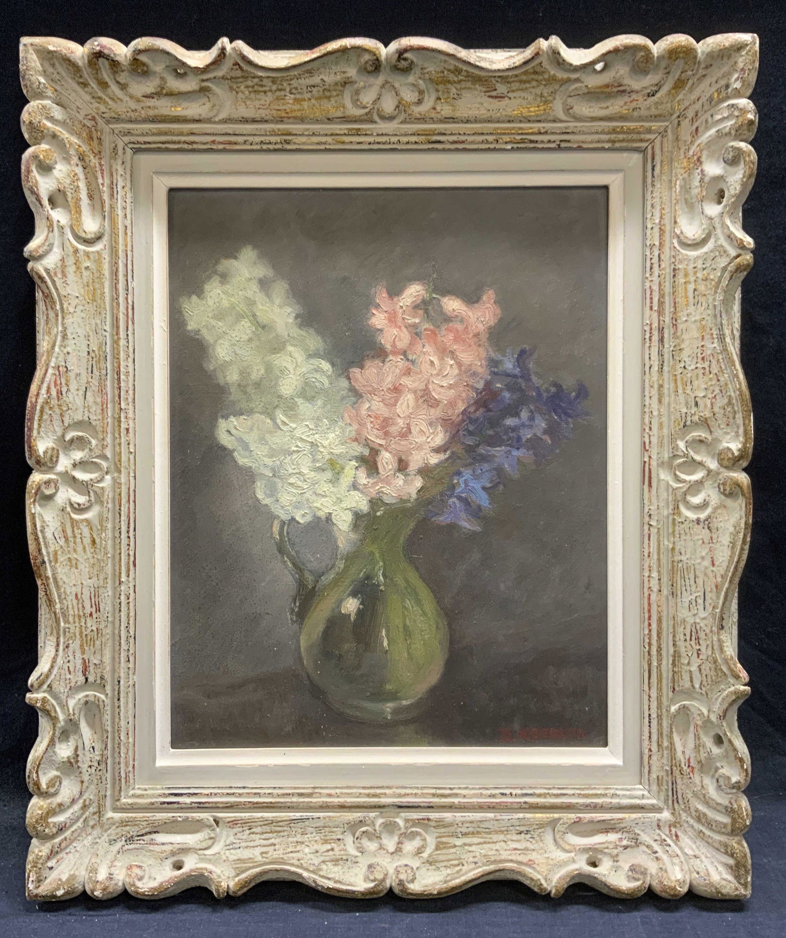 Signed D KOEHLER Still Life with Flowers Painting: Oil on canvas painting. Signed in lower right corner D Koehler. Subject depicts a still life with vase and flowers in hues of grey, white, pink, and purple. Framed in painted white wood frame. Approxi