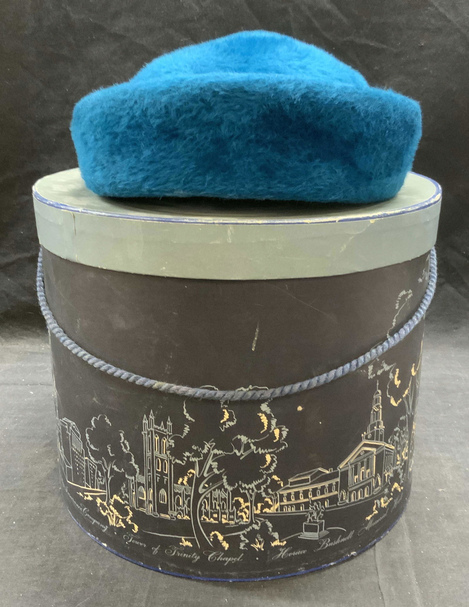 Vtg G GOX CO DUCHESS Blue Wool Hat, Italy: Vintage G Fox Co Duchess blue hat with hat box. Material feels like wool. Labels to hat read G Fox Co, Duchess, and Miss Atkins. Hat measures approx. 7 inches interior diameter, 8 inches total diamete