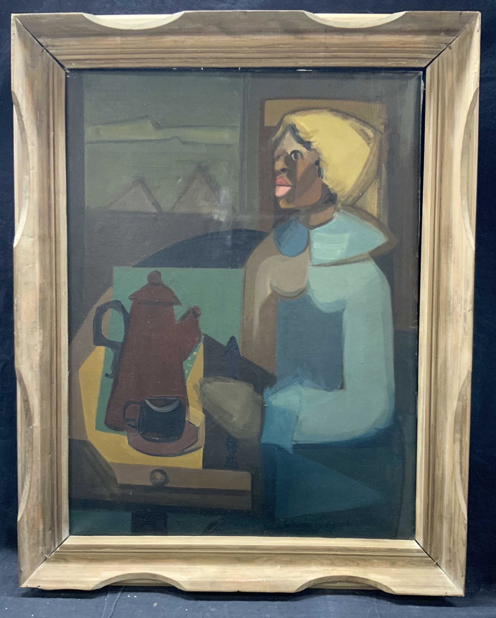Signed Cubist Style Figural Oil Painting: Signed on lower right corner, illegibly. Subject depicts a woman at a table with a coffee pot and mug. Woman has yellow bandana on her head and in a blocked blue dress. Framed in carved wooden frame. 