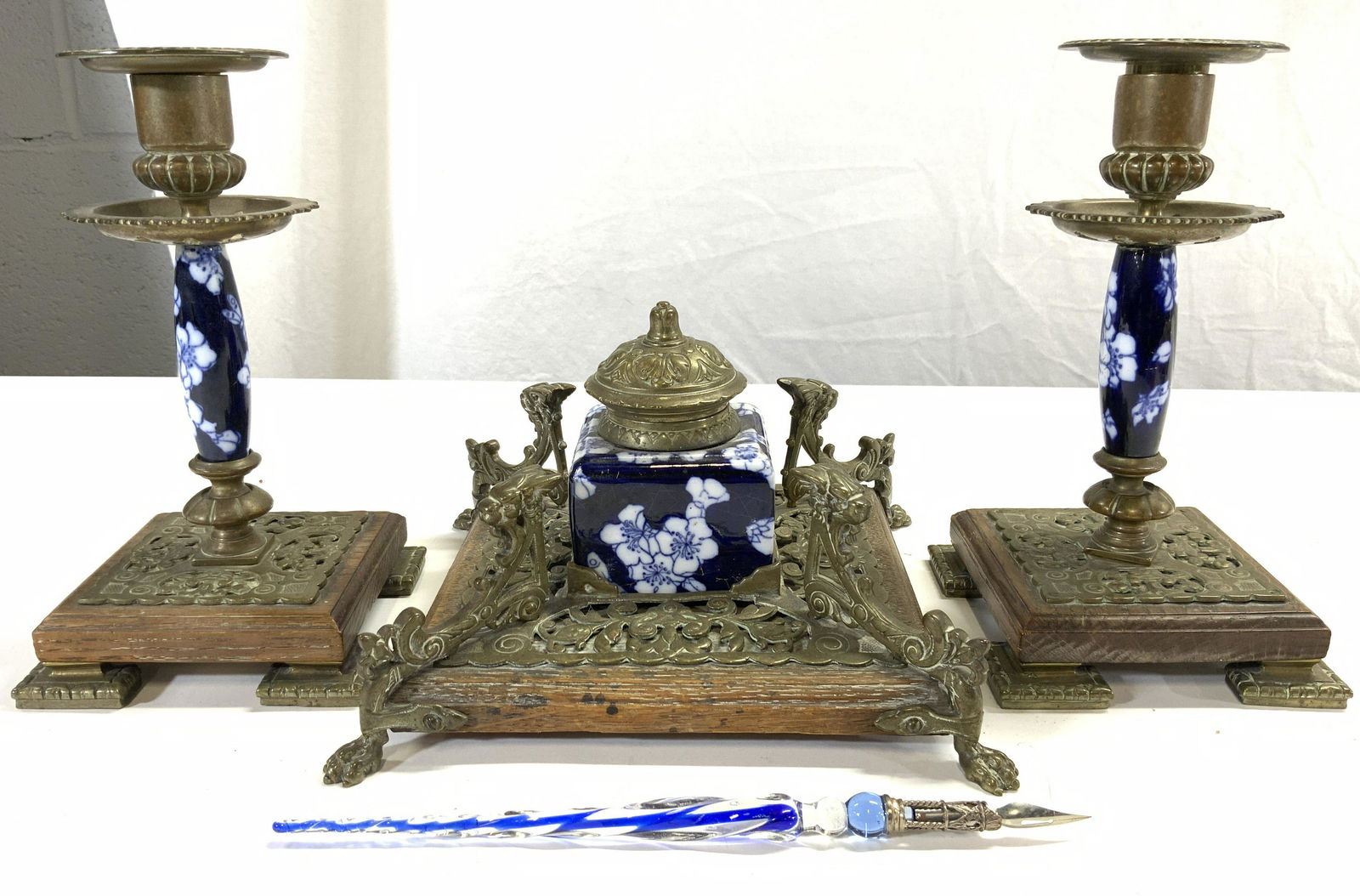 Set 3 Vtg Ornate Asian Inkwell W Pen & Candlestick (1 of 11)