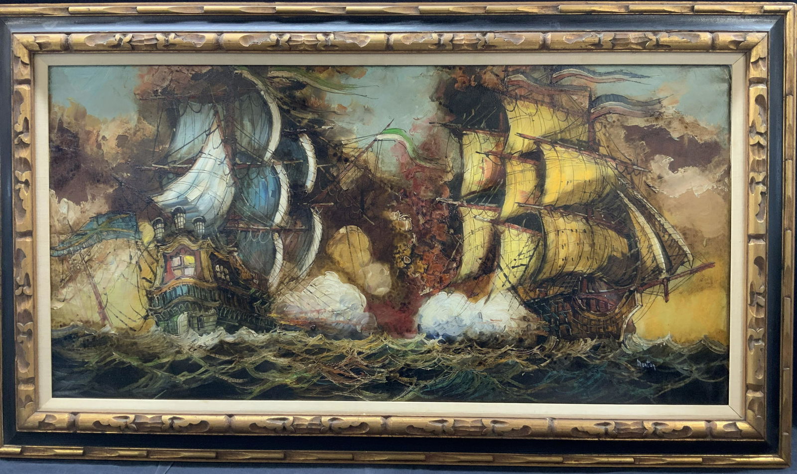 Menton Signed Battling Ships Painting: Signed on lower right corner in white, Menton Subject two ships battling at sea, one flying a blue and yellow flag with blue toned sails and the other with French flags in yellow toned sails with plum