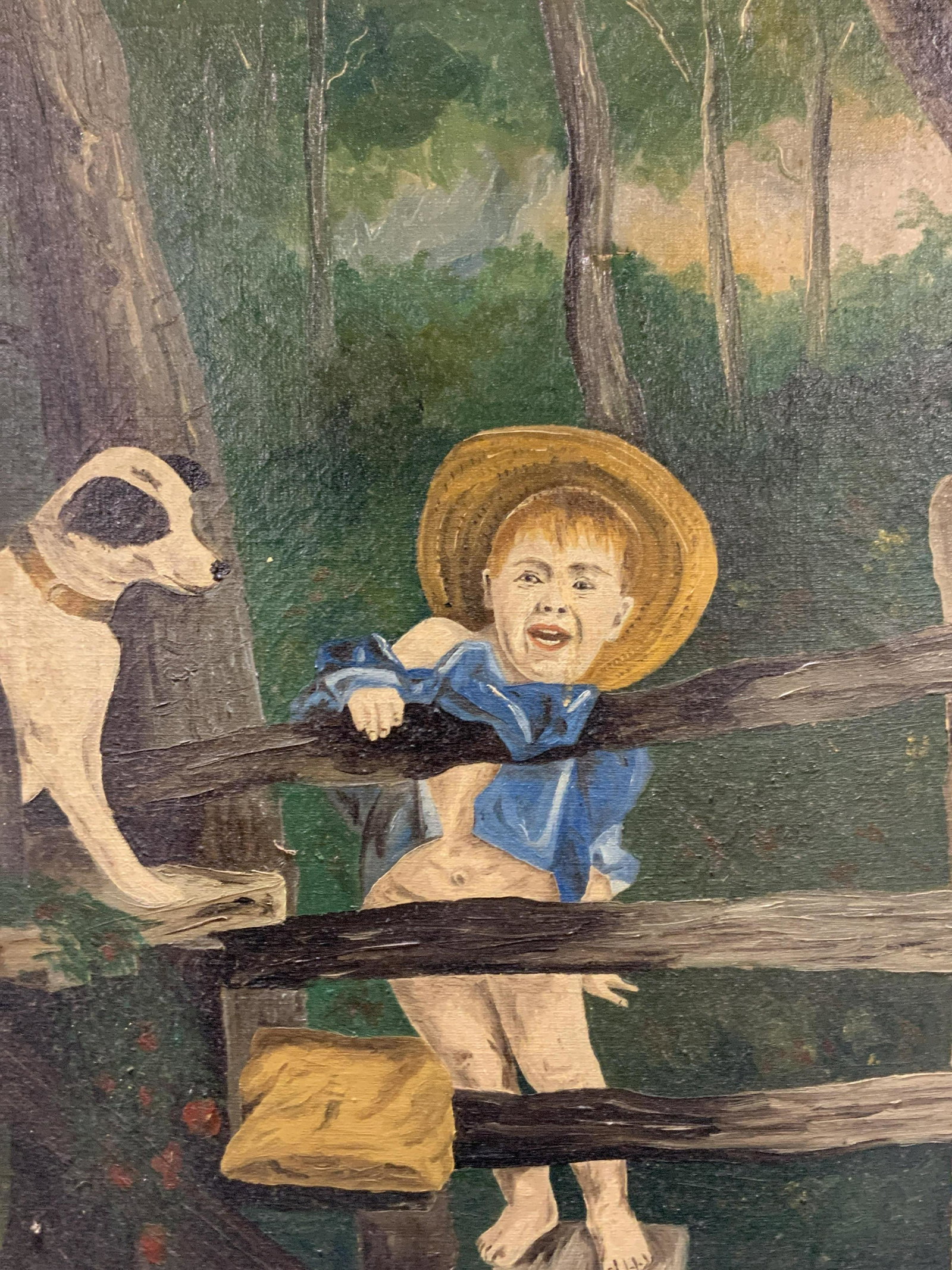 Framed Child & Dog Oil Painting: Framed oil painting, no discernible signatures. Subject depicts a nude boy hiding behind a fence with a white and black dog next to him with a forest in the background. Framed in wooden frame. Approxi