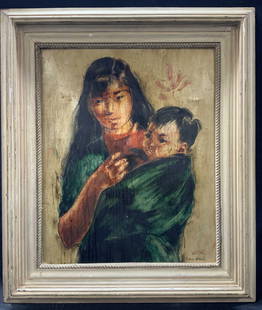 Edna HIBEL Signed Mannela & Baby Sister: Signed on lower right corner Edna HIBEL. Subject depicts a black haired girl in green with a swaddled baby. Backside has written, Mannela and baby sister. Painting has dark wash over entire board with