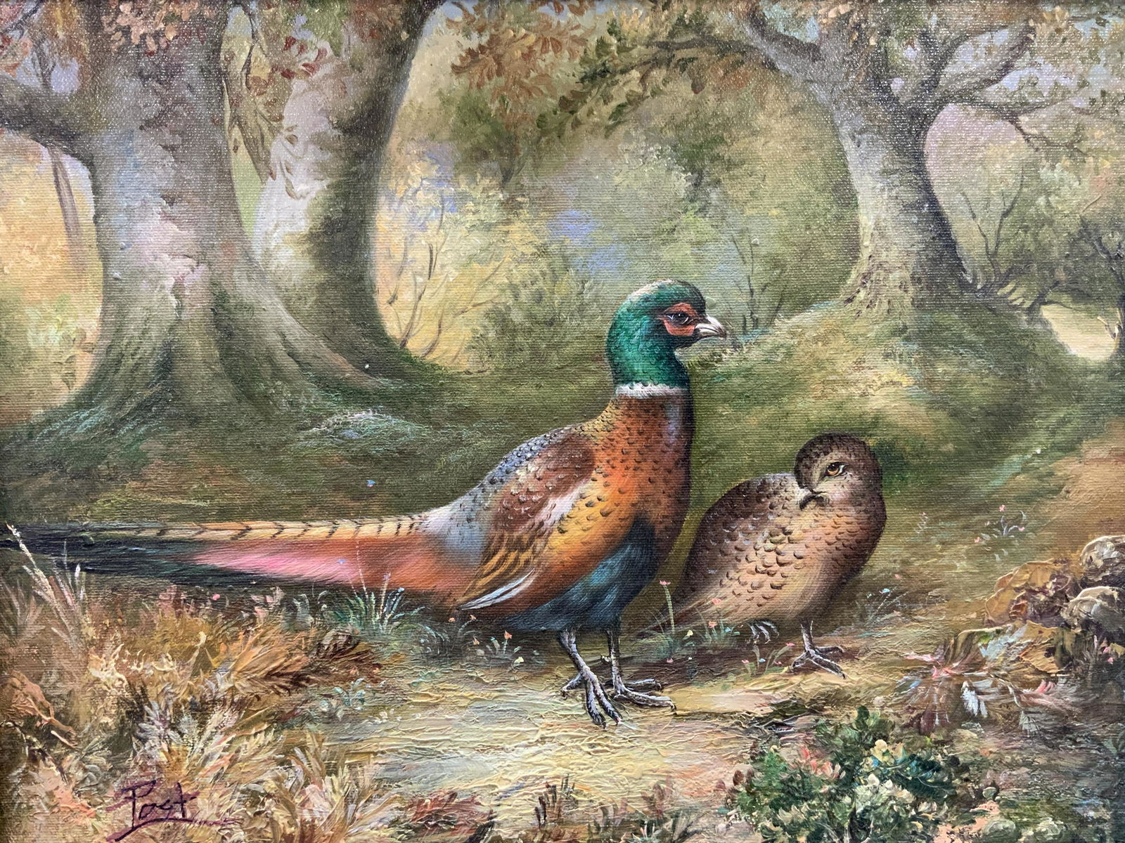 Signed Post Pheasant & Chick Oil Painting (1 of 9)